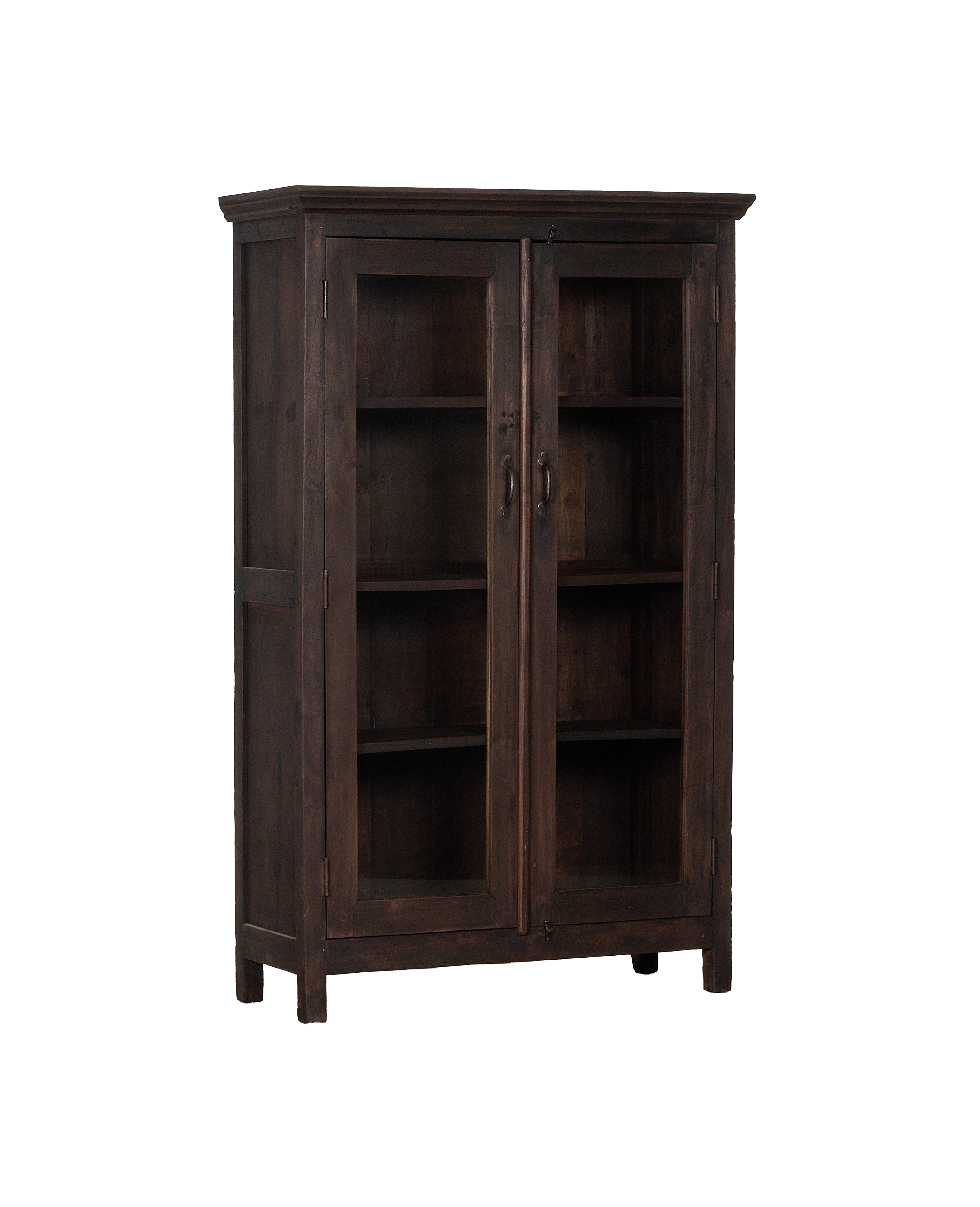Vintage stained oak cabinet from India with two glass doors and interior shelves.