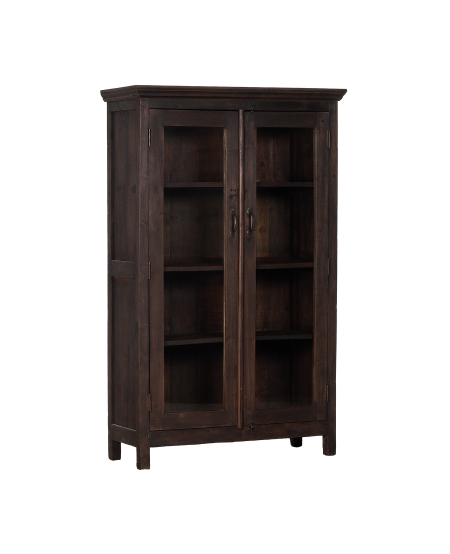 Vintage stained oak cabinet from India with two glass doors and interior shelves.