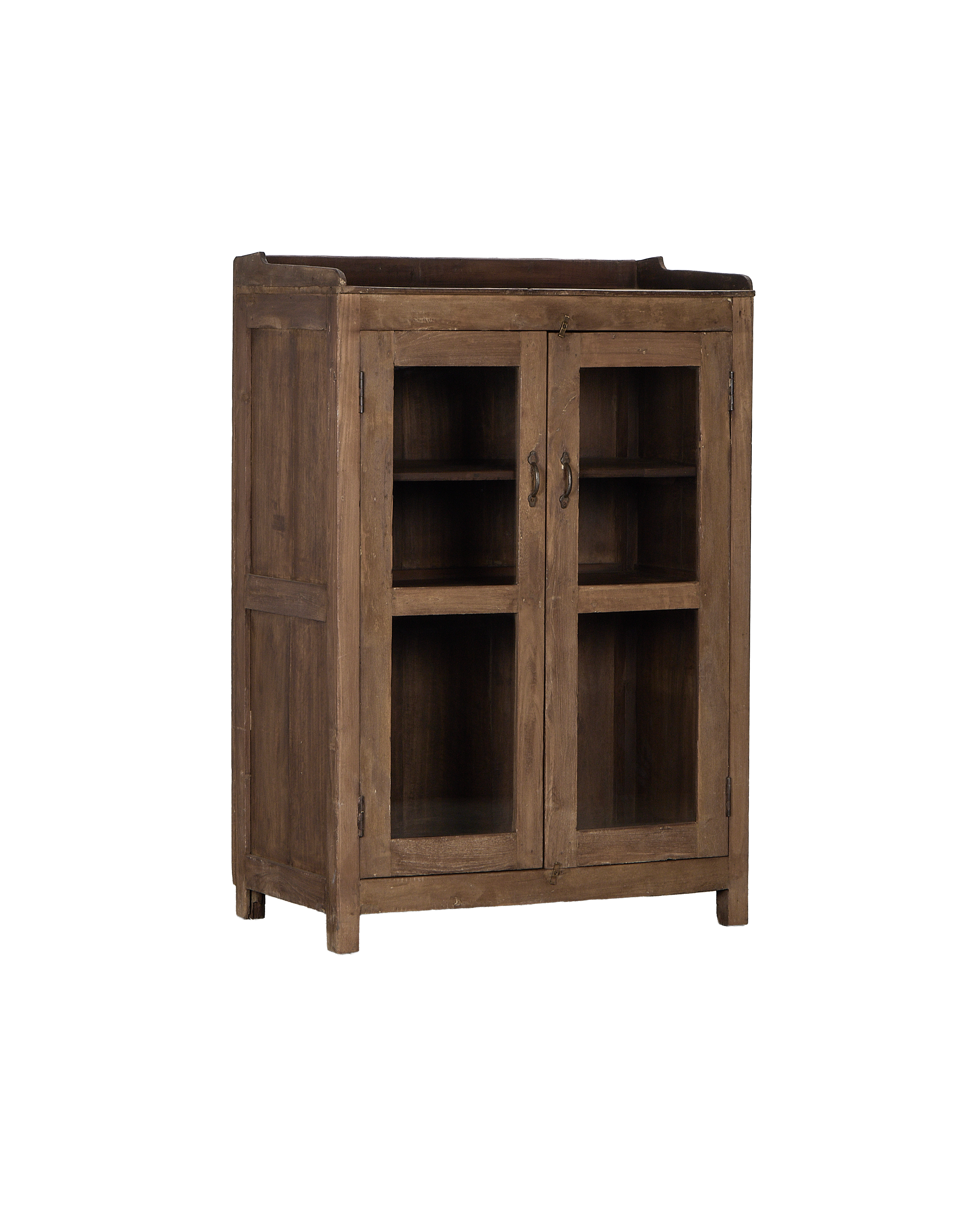 Vintage oak wood cabinet from India, displaying rustic glass doors and antique