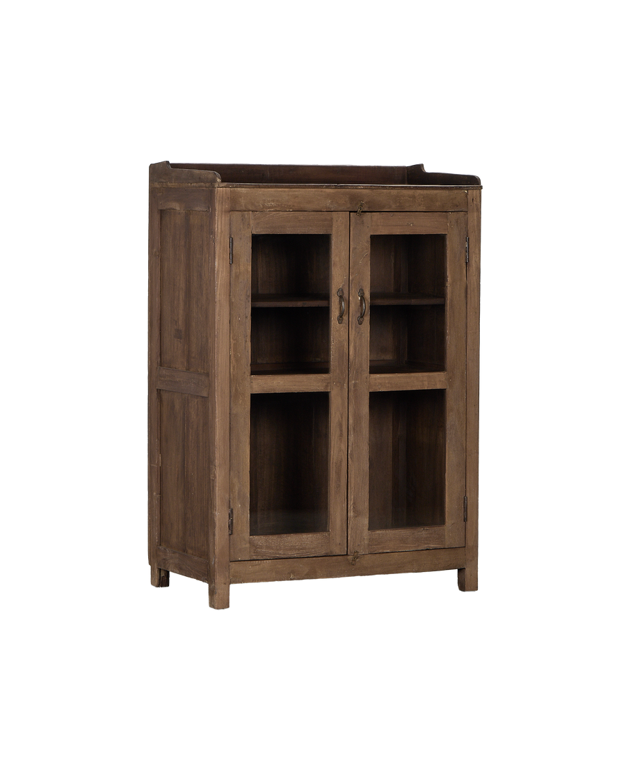 Vintage oak wood cabinet from India, displaying rustic glass doors and antique