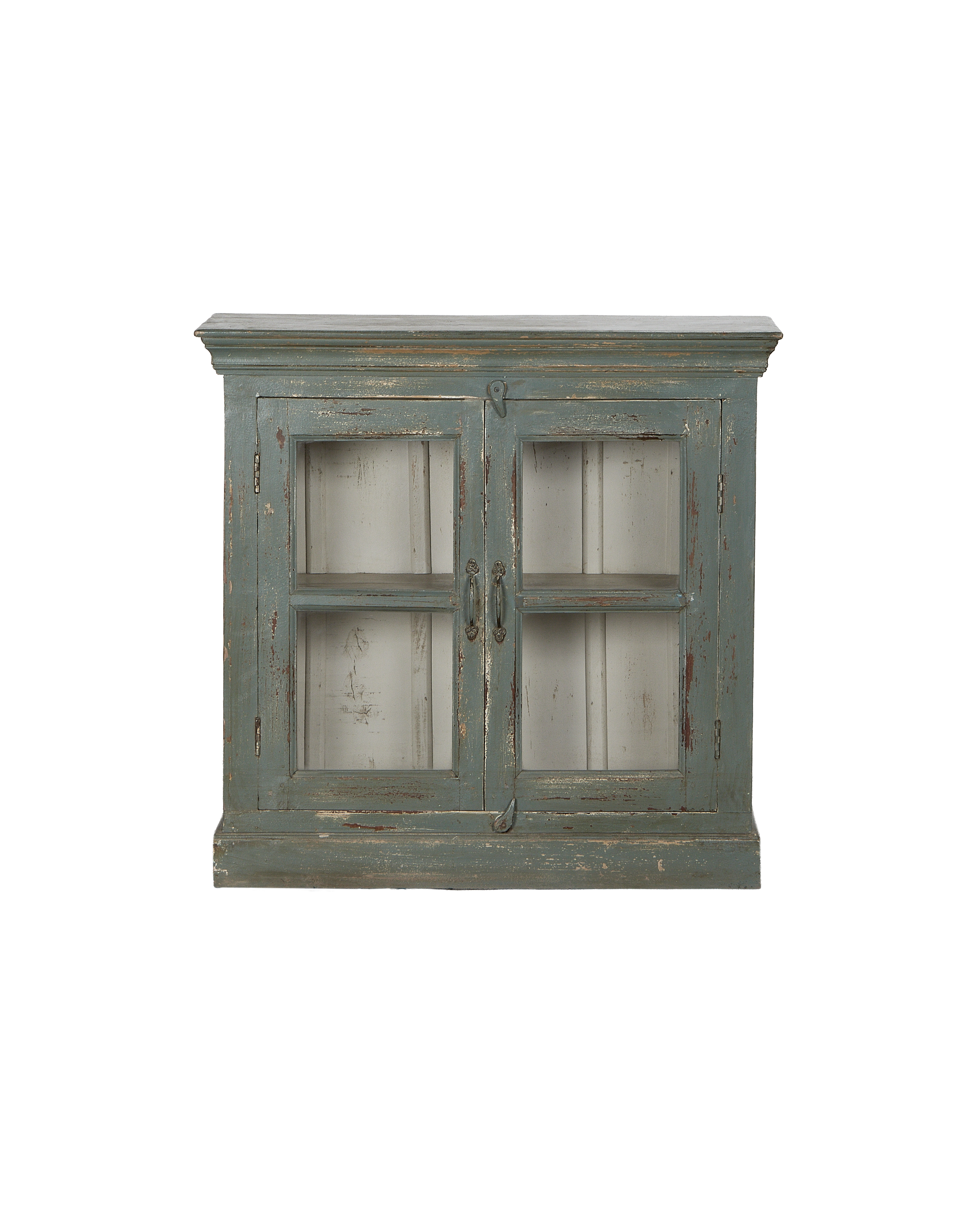 Vintage distressed teal painted oak cabinet from India with