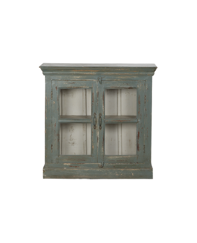 Vintage distressed teal painted oak cabinet from India with