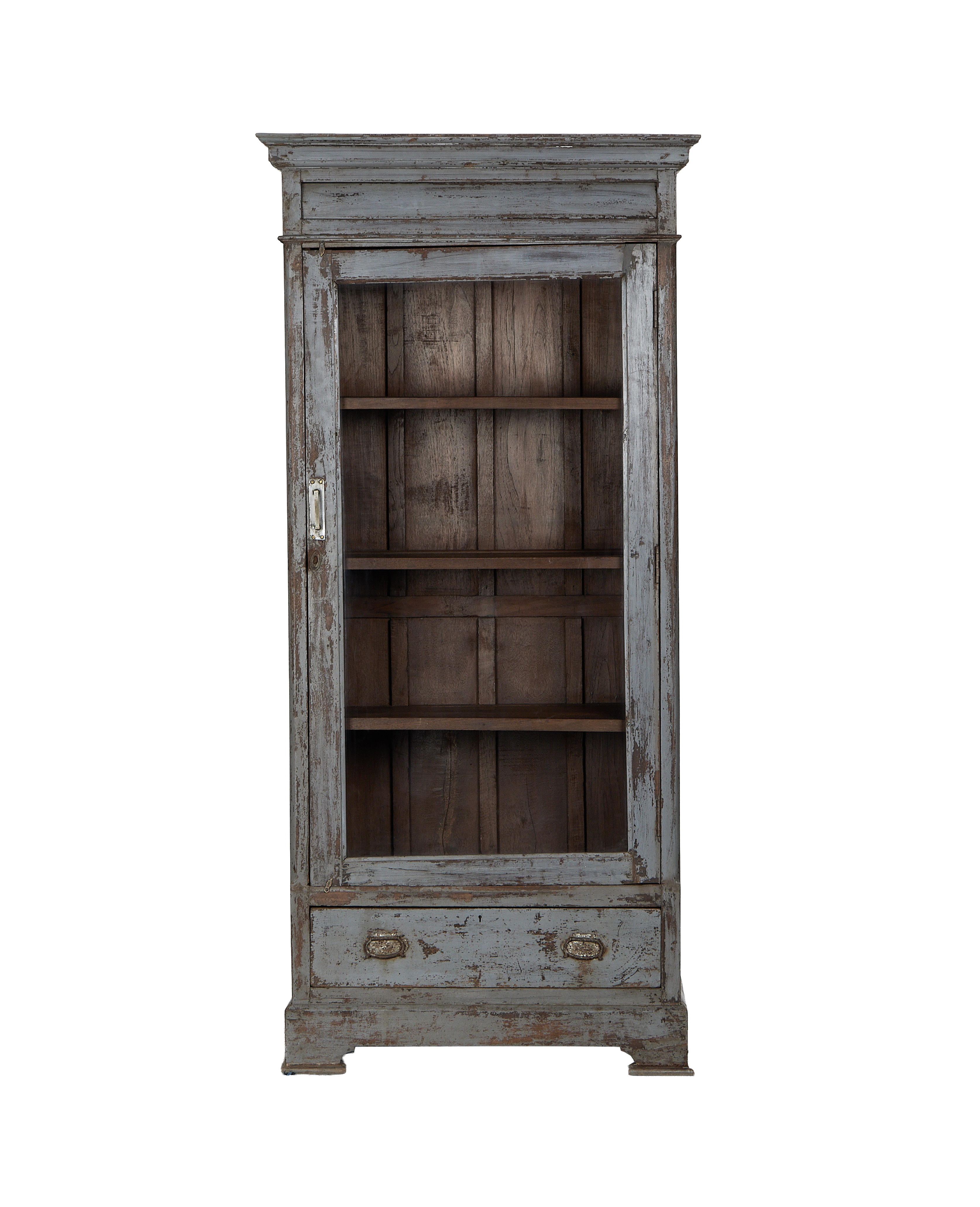 Vintage Indian oak cabinet, distressed light blue paint, glass door, drawer, rustic hardware