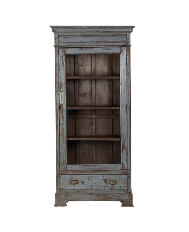 Vintage Indian oak cabinet, distressed light blue paint, glass door, drawer, rustic hardware