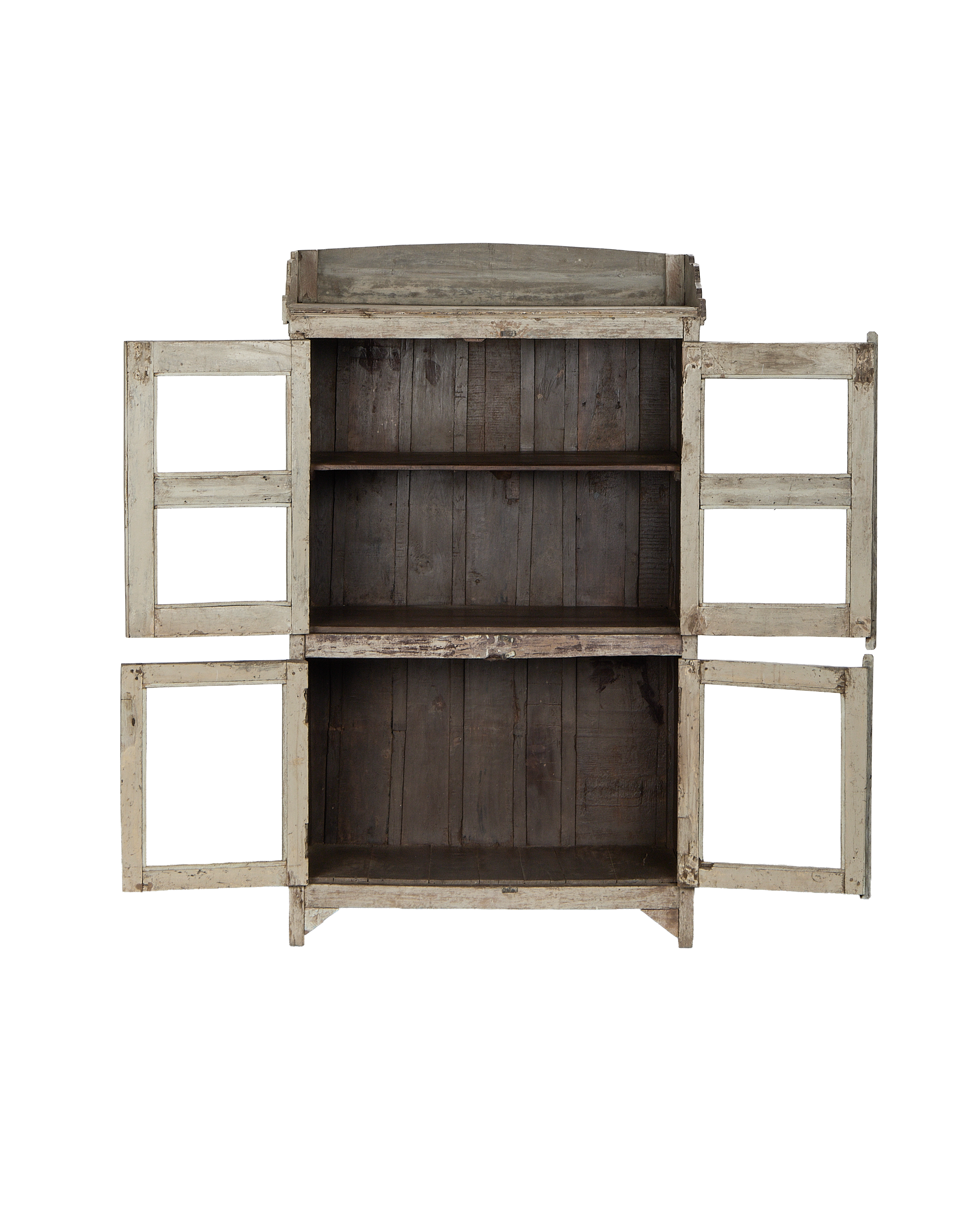Vintage bleached OAK cabinet from India, open doors reveal distressed interior shelves