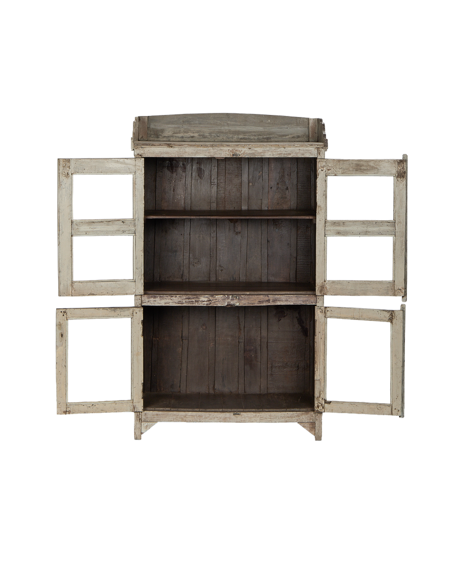 Vintage bleached OAK cabinet from India, open doors reveal distressed interior shelves
