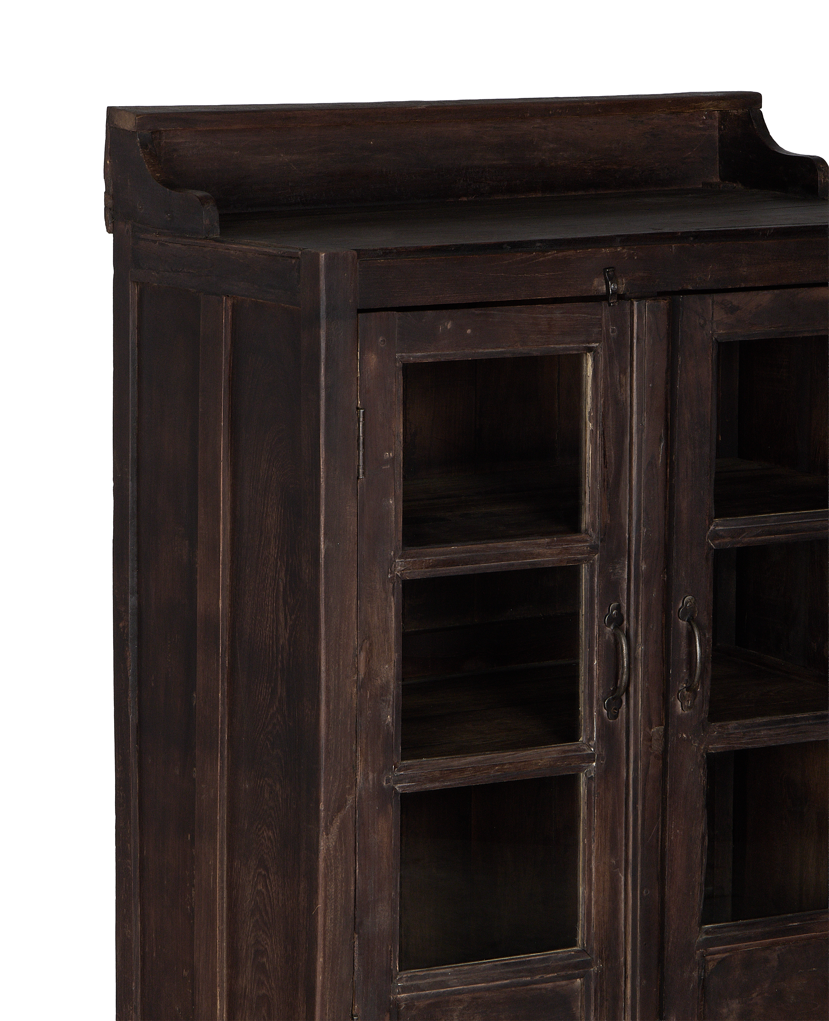 Vintage oak wood cabinet from India, showing stained finish, glass doors, and ornate