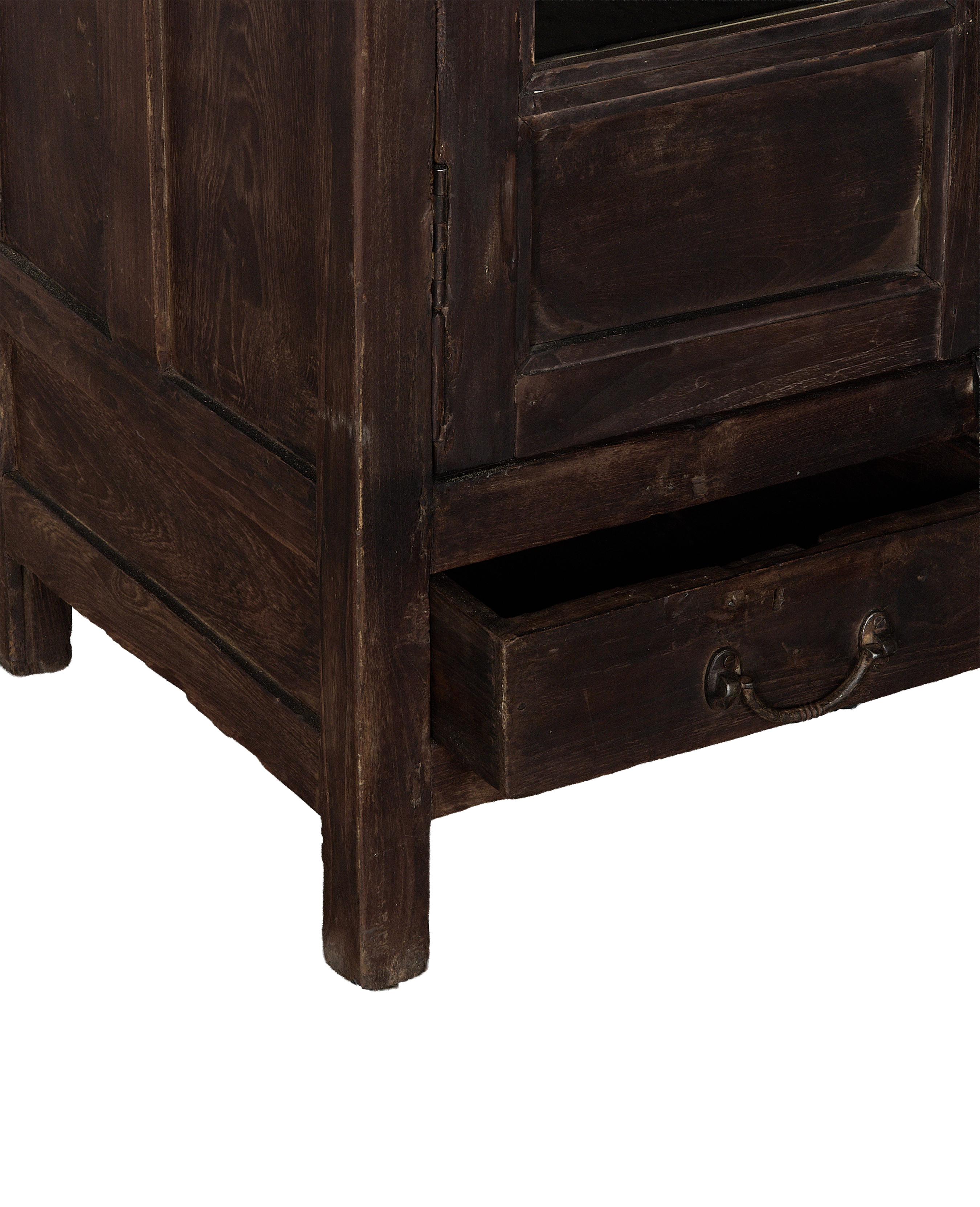 Vintage Indian stained oak cabinet, open drawer with antique metal pull, detailed leg base