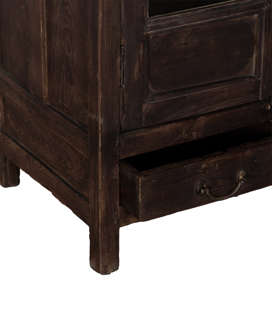 Vintage Indian stained oak cabinet, open drawer with antique metal pull, detailed leg base