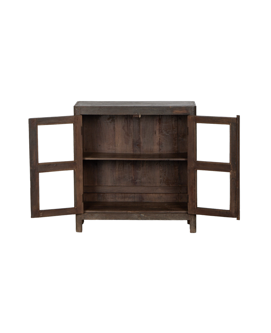 Vintage Indian oak cabinet with both doors open