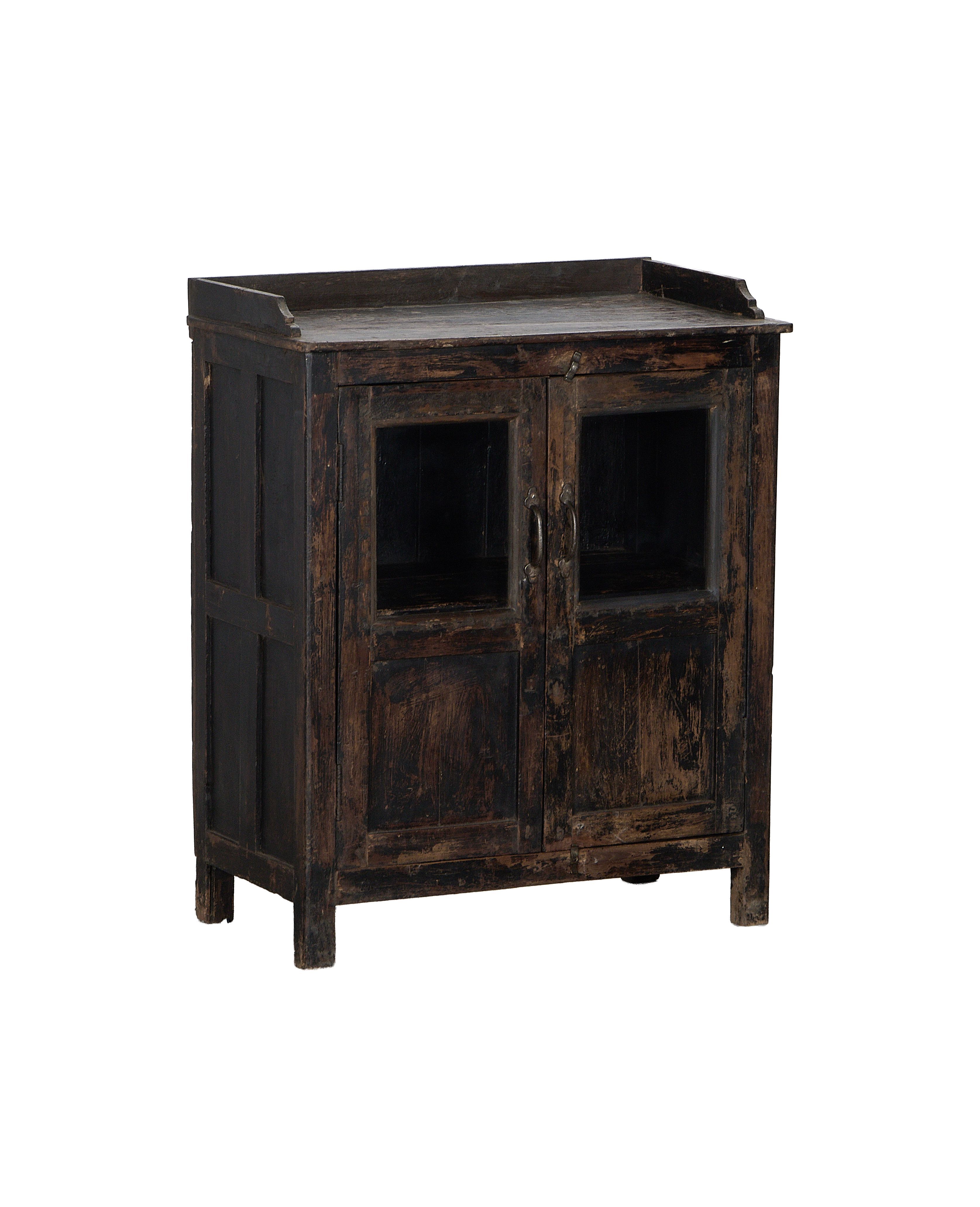Vintage Indian oak wood cabinet, side view, showcasing distressed texture and glass-pane