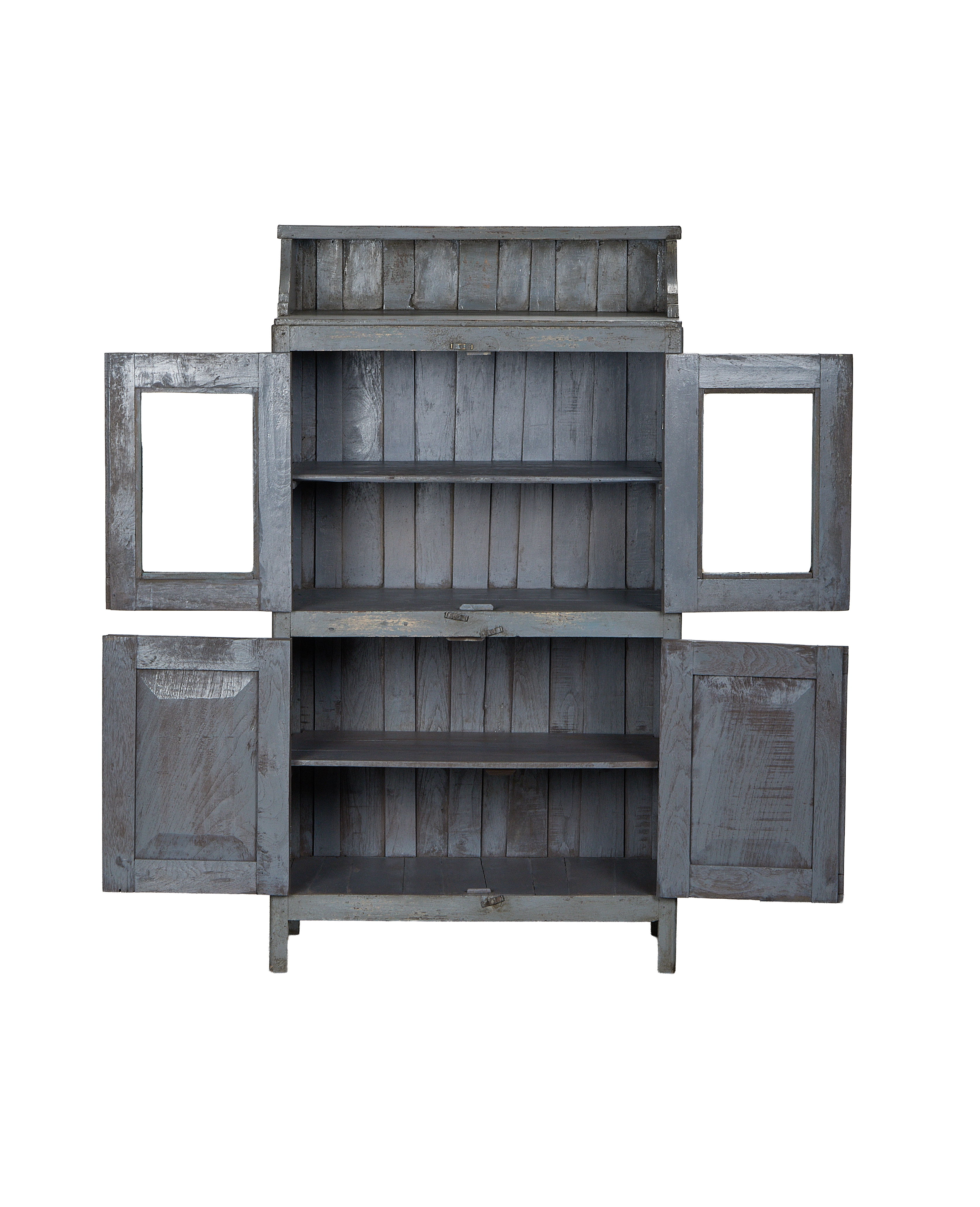 Vintage oak cabinet from India with distressed gray paint, doors open showing empty shelves