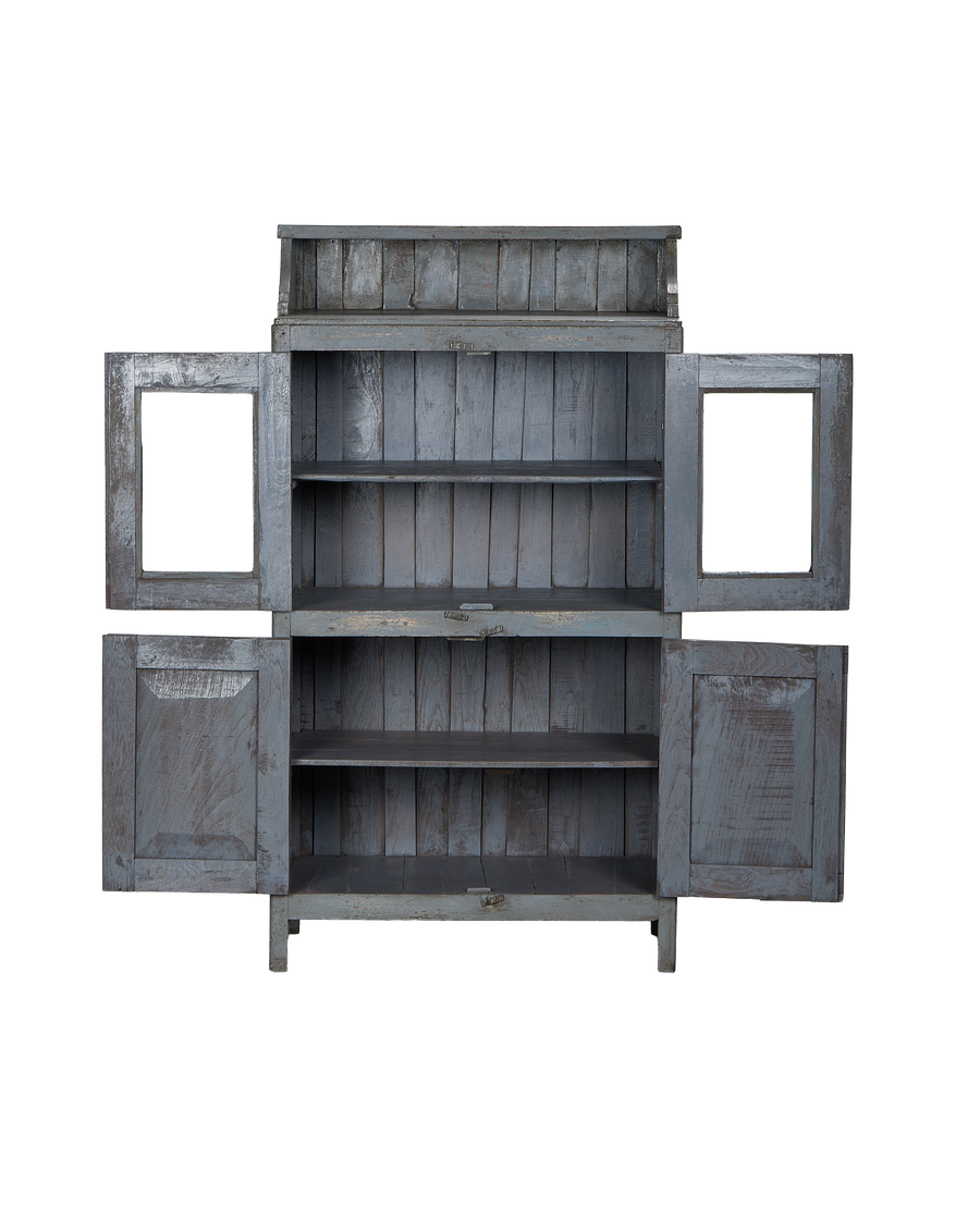 Vintage oak cabinet from India with distressed gray paint, doors open showing empty shelves