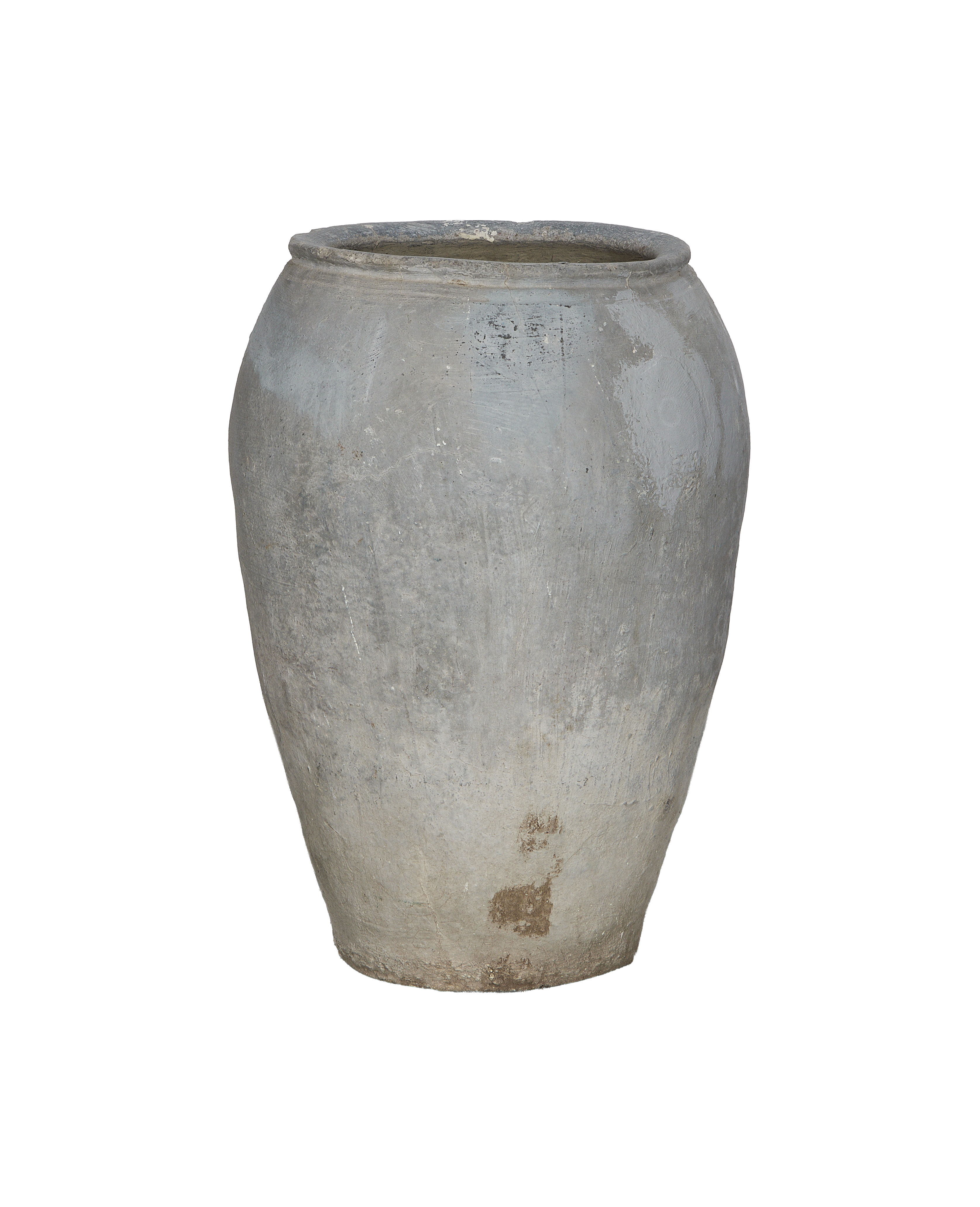 Vintage Indian ceramic grain pot, gray weathered surface, full view, showcasing rustic texture