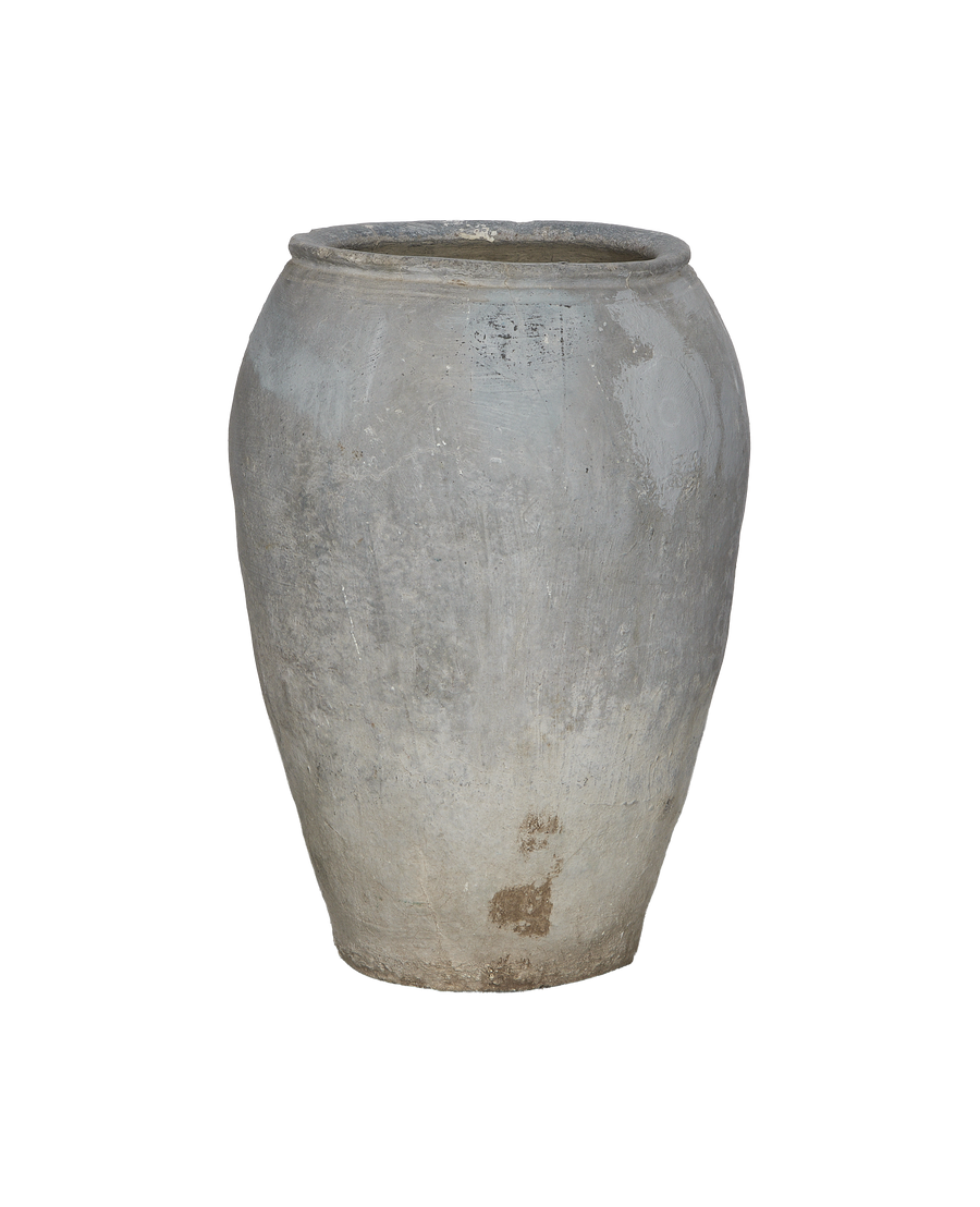 Vintage Indian ceramic grain pot, gray weathered surface, full view, showcasing rustic texture