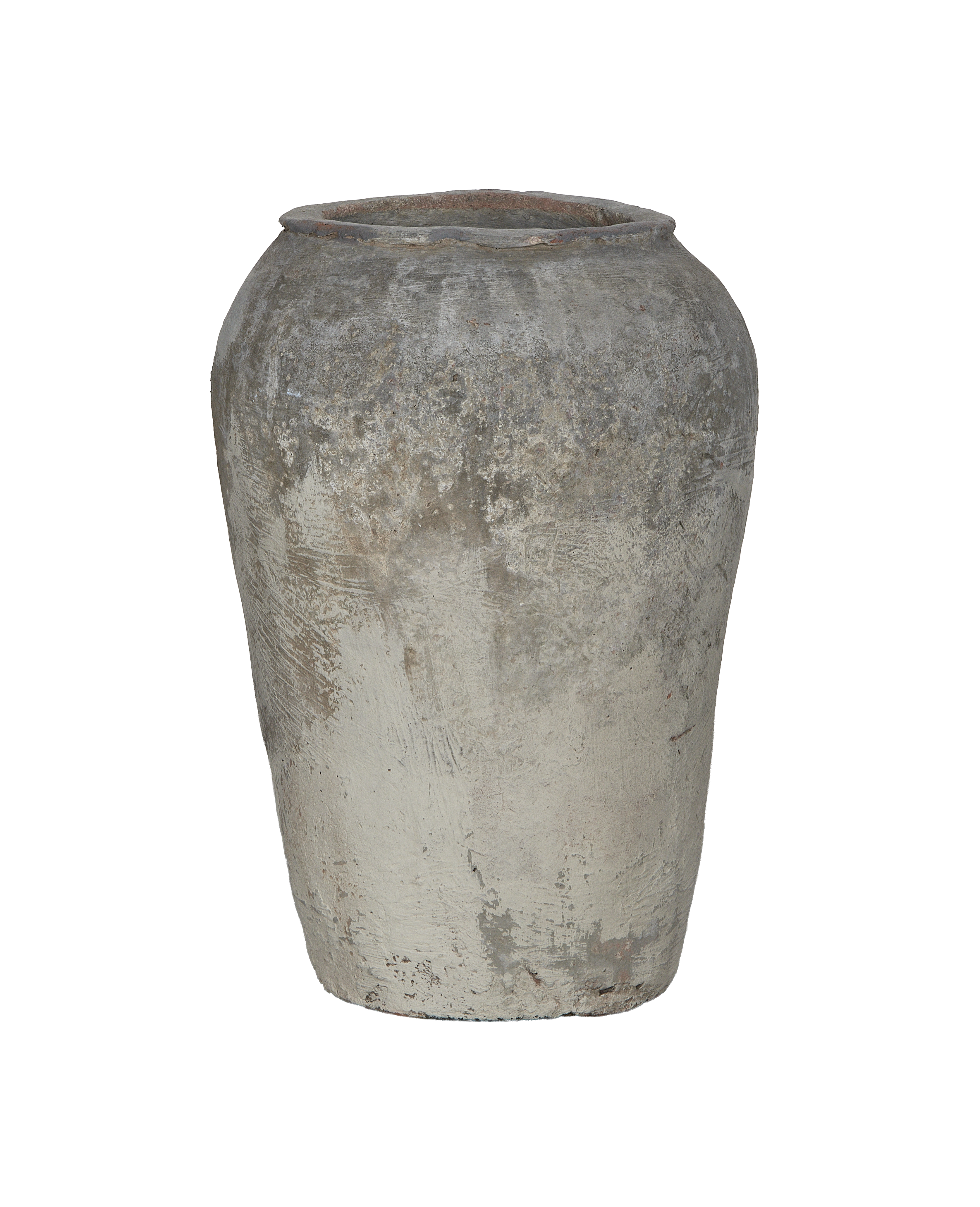 Vintage Indian Oak grain pot showing aged, textured surface and distressed rim details.