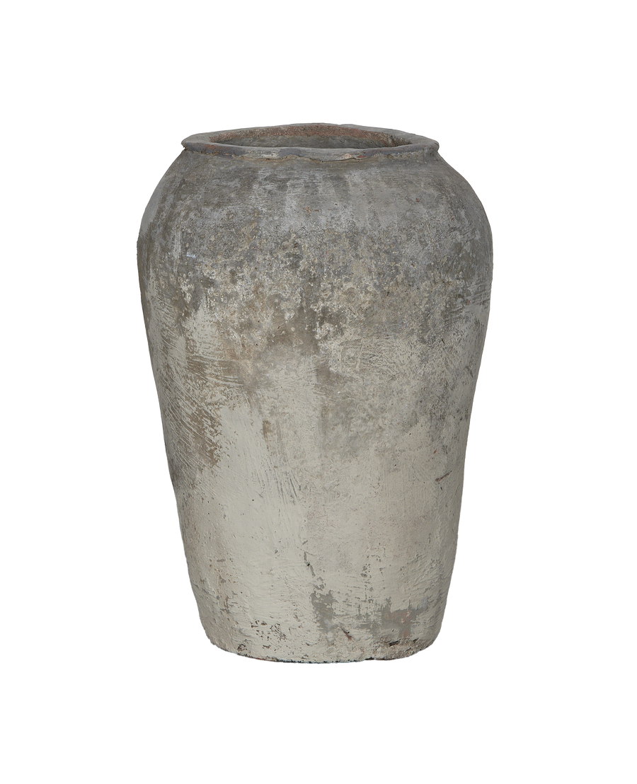 Vintage Indian Oak grain pot showing aged, textured surface and distressed rim details.
