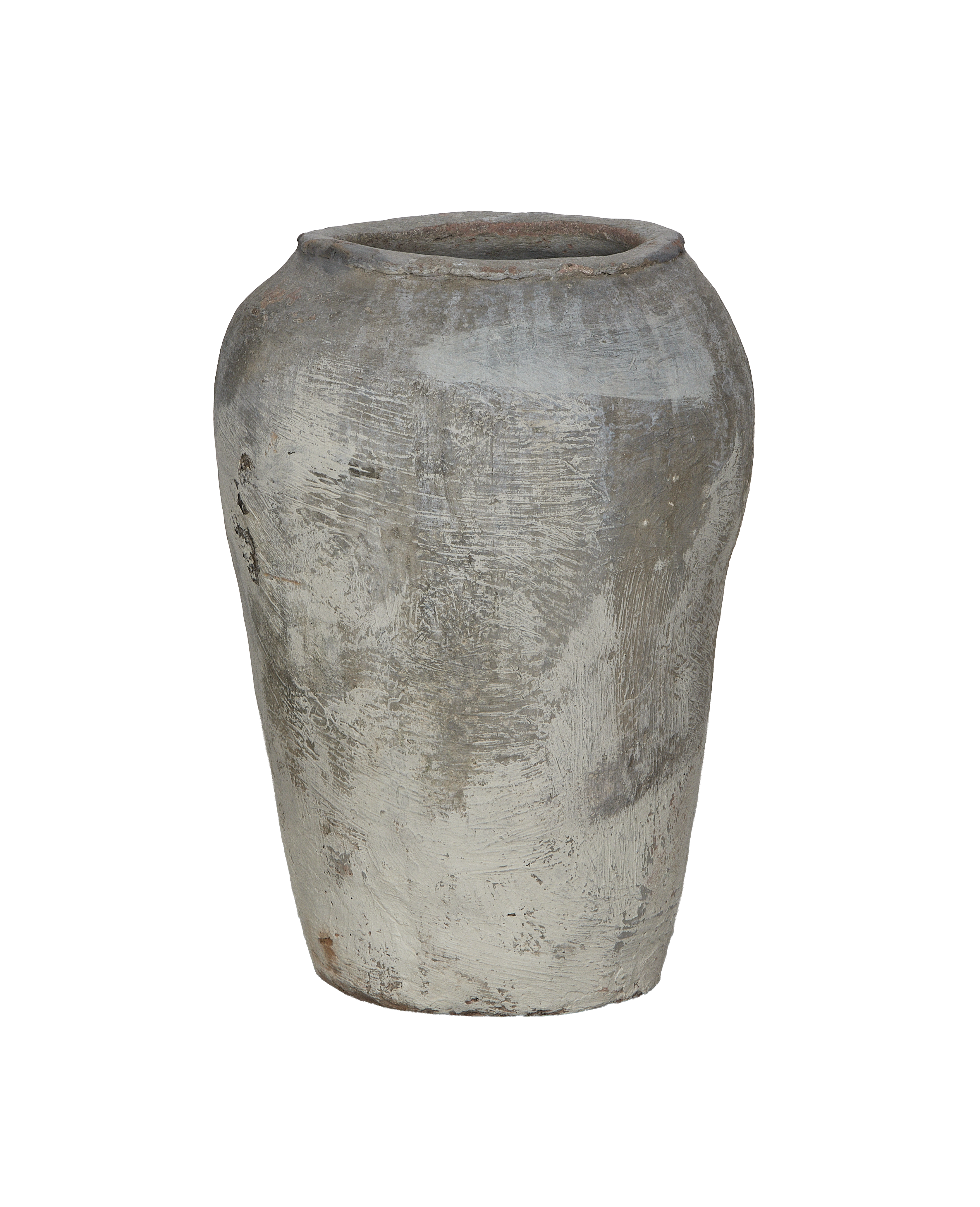 Vintage Indian oak grain pot from India, showing rustic weathered gray surface texture