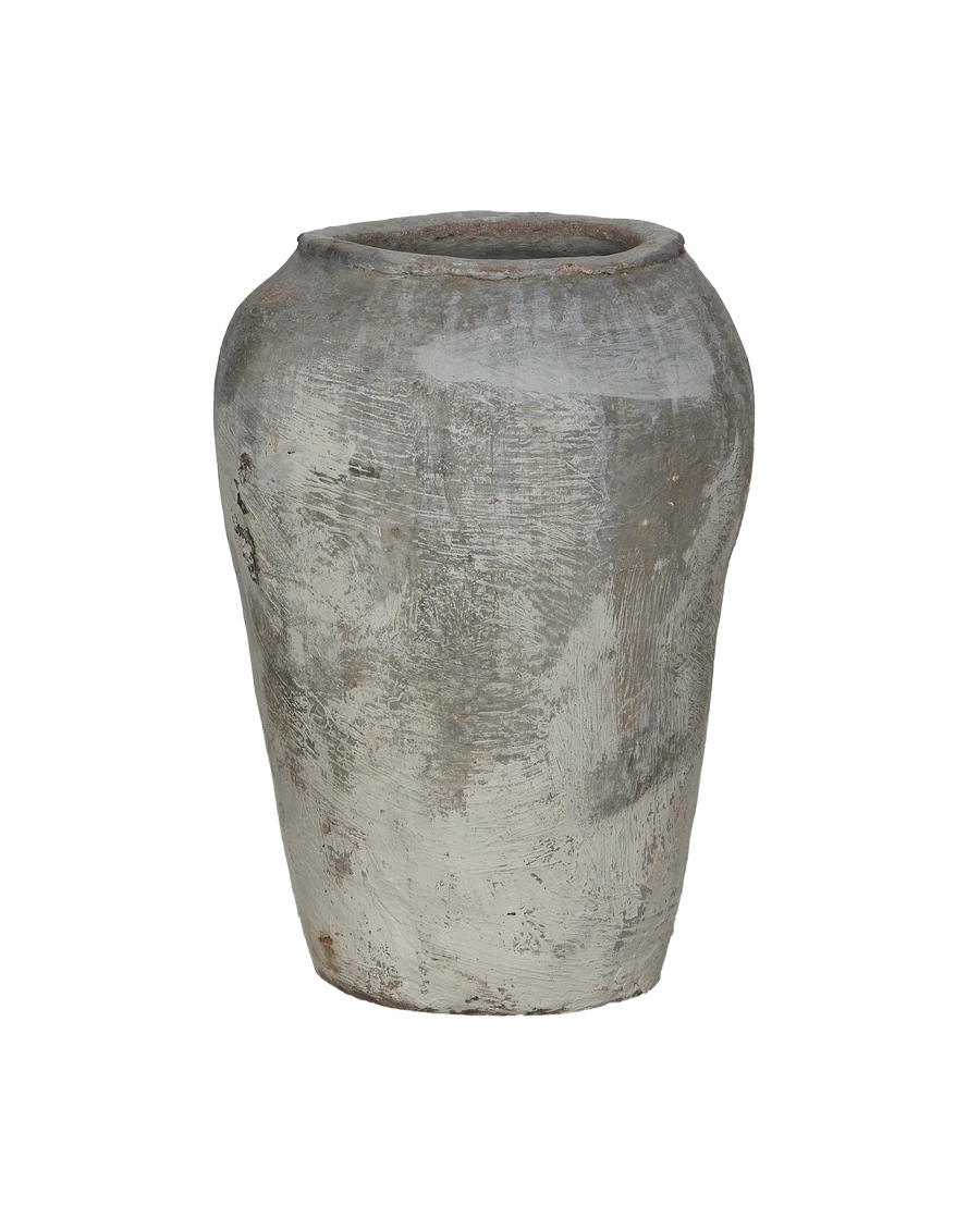 Vintage Indian oak grain pot from India, showing rustic weathered gray surface texture