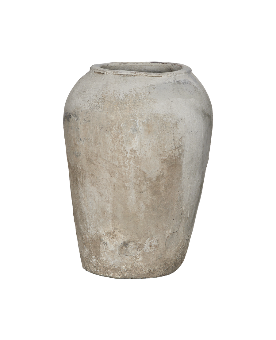 Vintage Indian oak grain pot, full view highlighting rustic texture