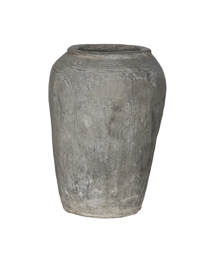 Vintage Indian oak grain pot, weathered gray finish,