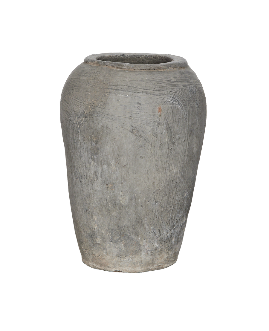 Vintage Indian oak grain pot, showcasing full profile and rustic weathered texture.