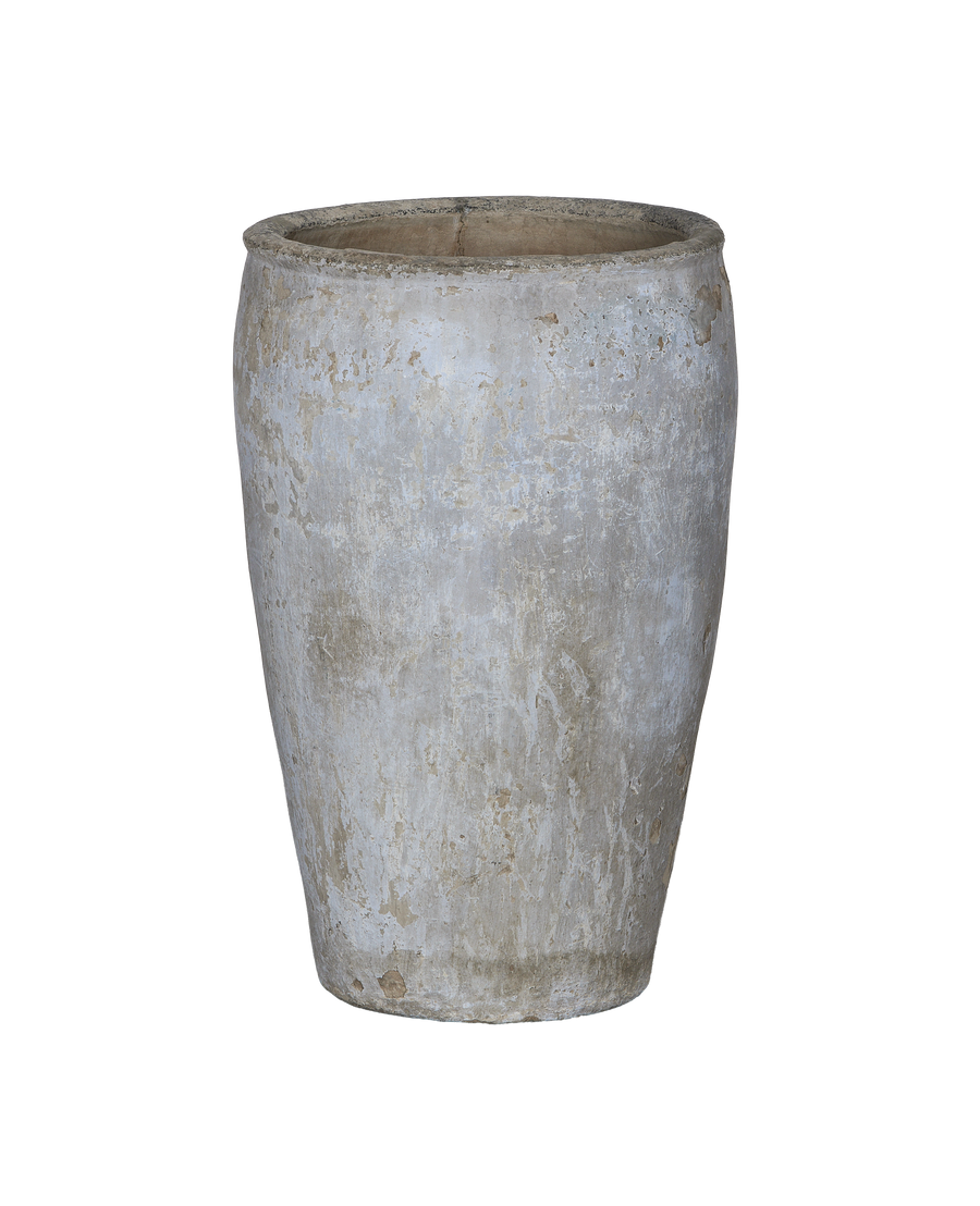 Vintage Indian oak grain pot, detailed full view showing distressed