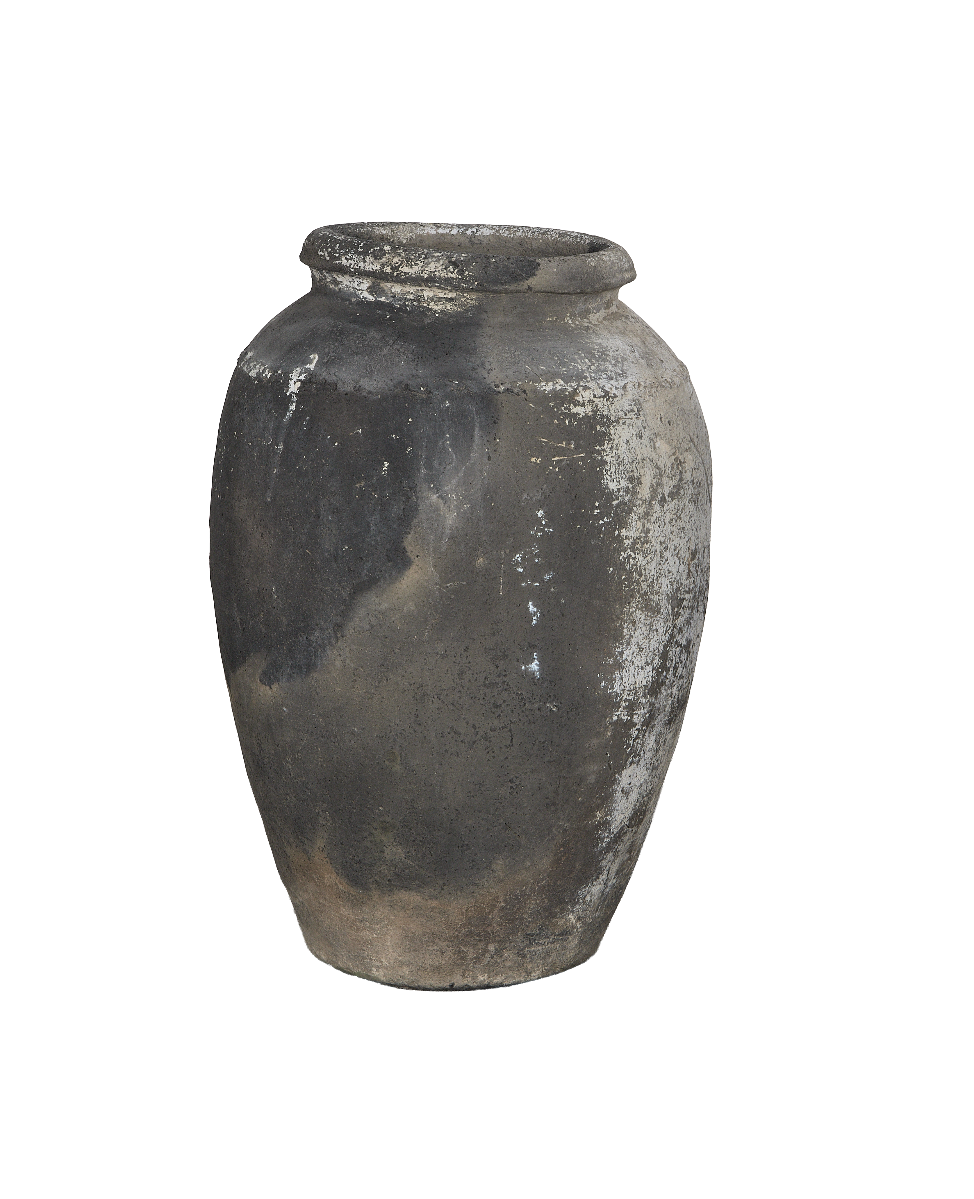 Vintage Indian grain pot, weathered texture with white distressed finish,