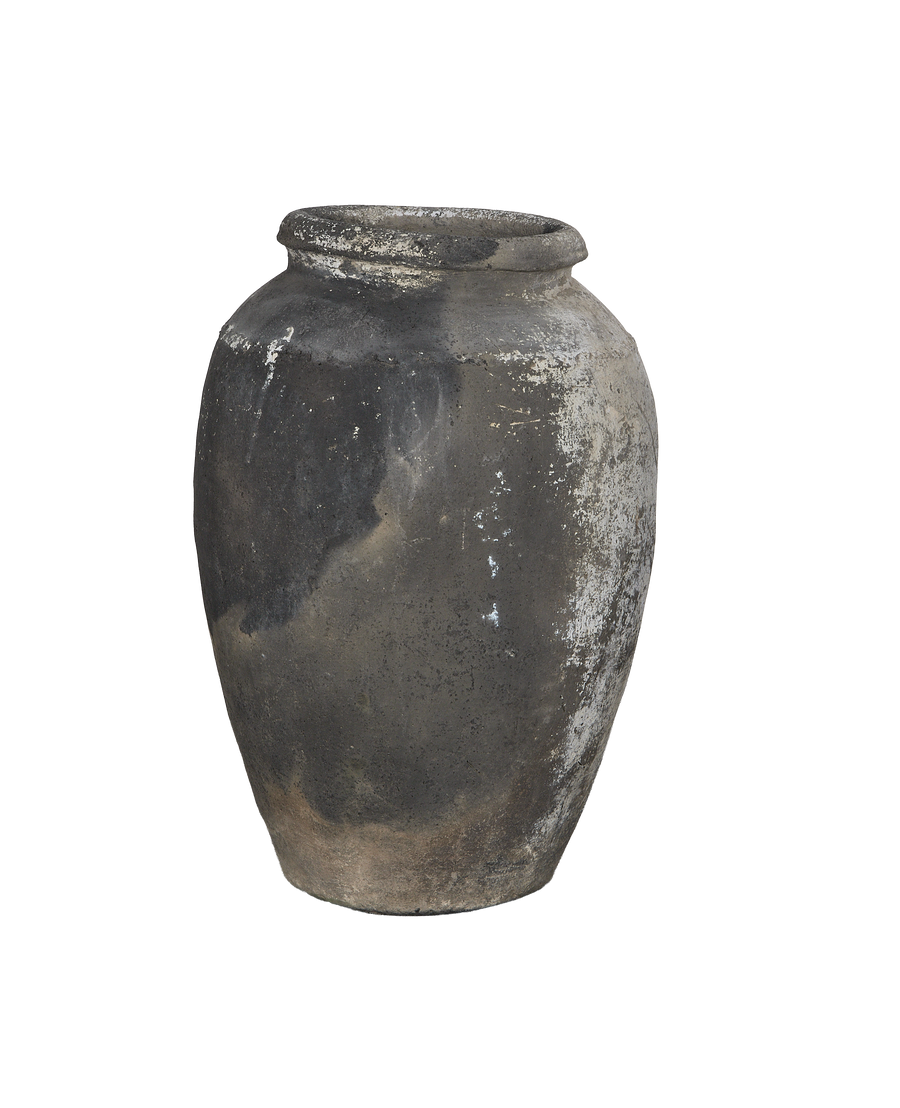 Vintage Indian grain pot, weathered texture with white distressed finish,
