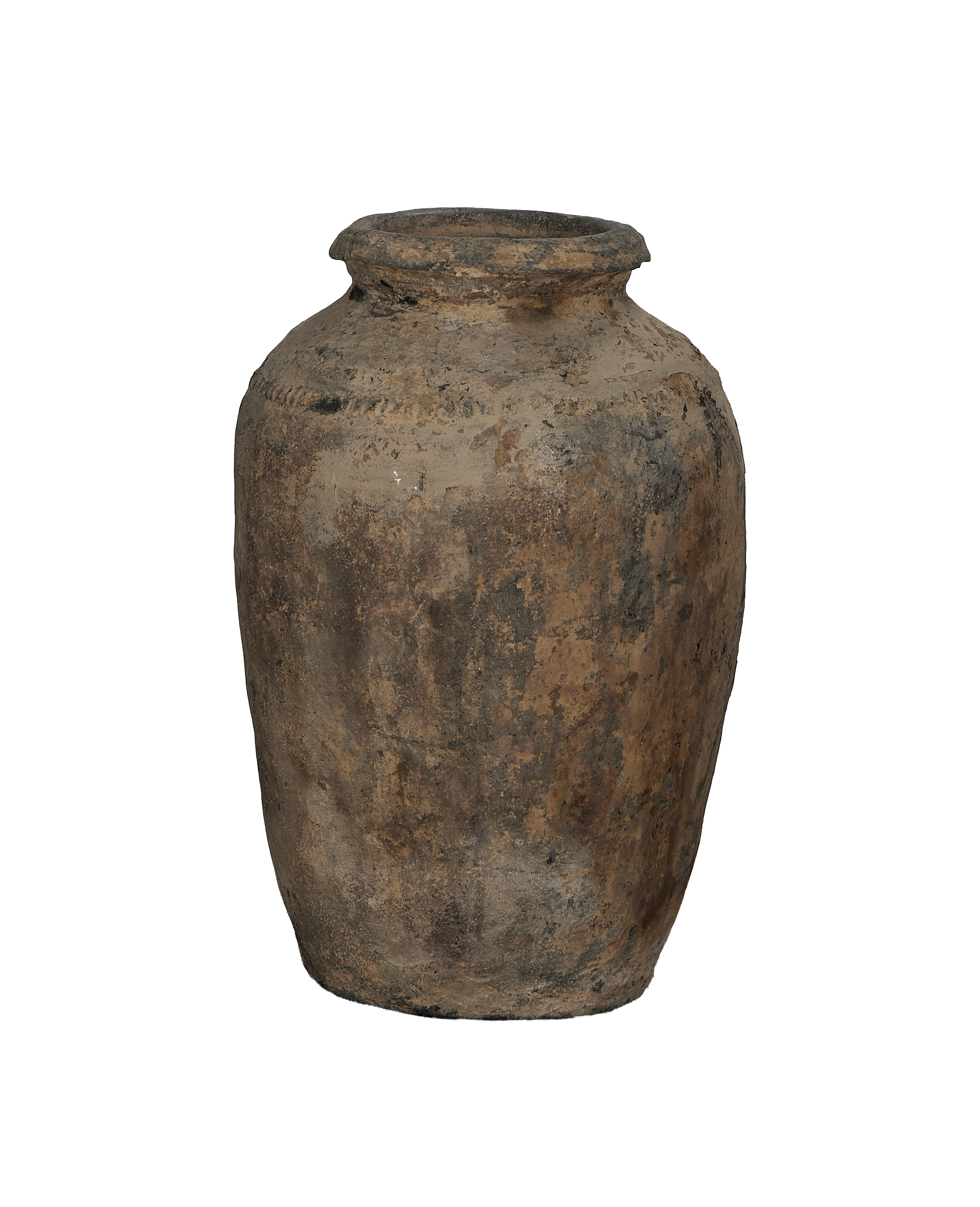 Vintage Indian OAK grain pot, weathered texture, rustic appeal, from India.