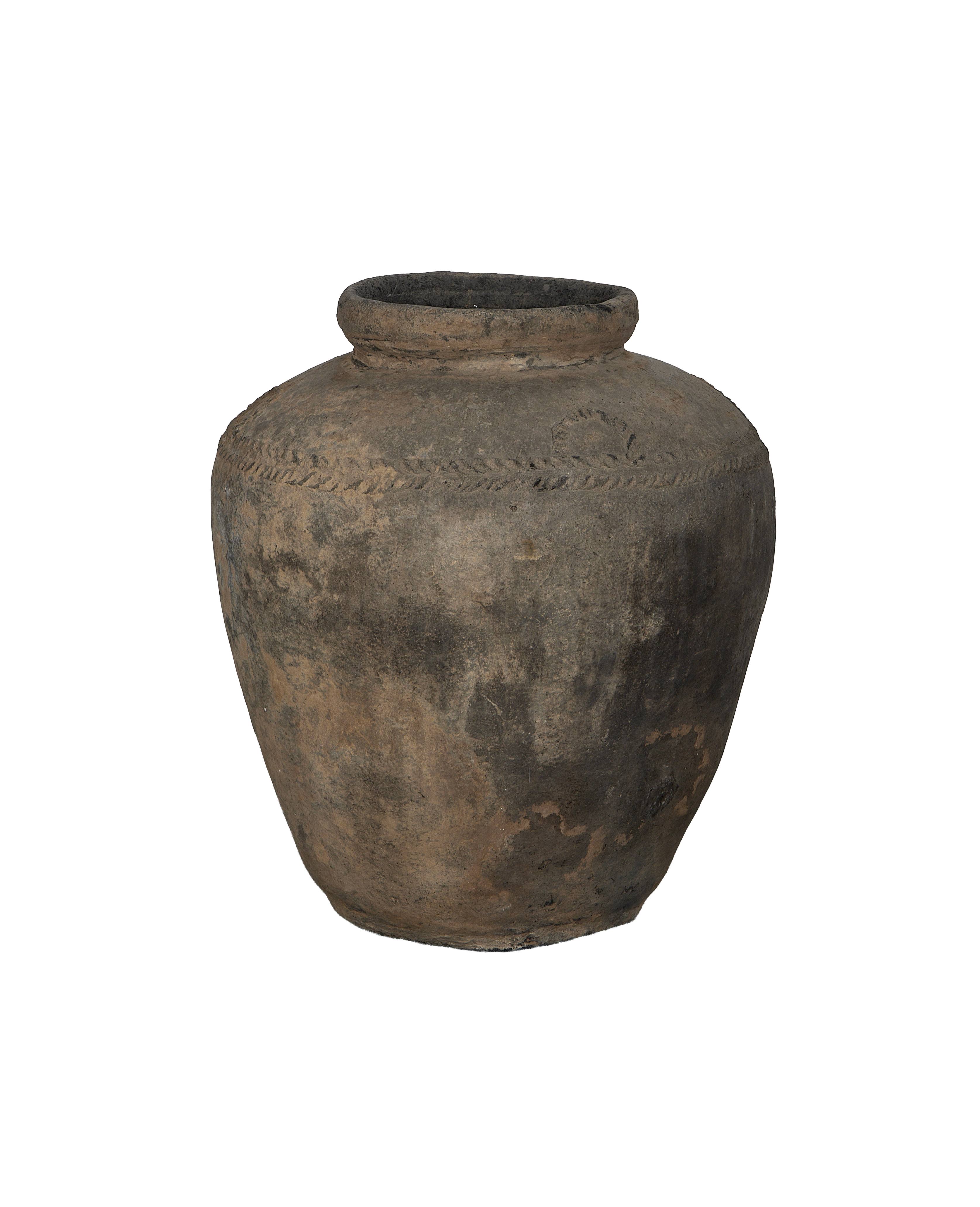 Vintage Indian ceramic grain pot, detailed rope-like pattern