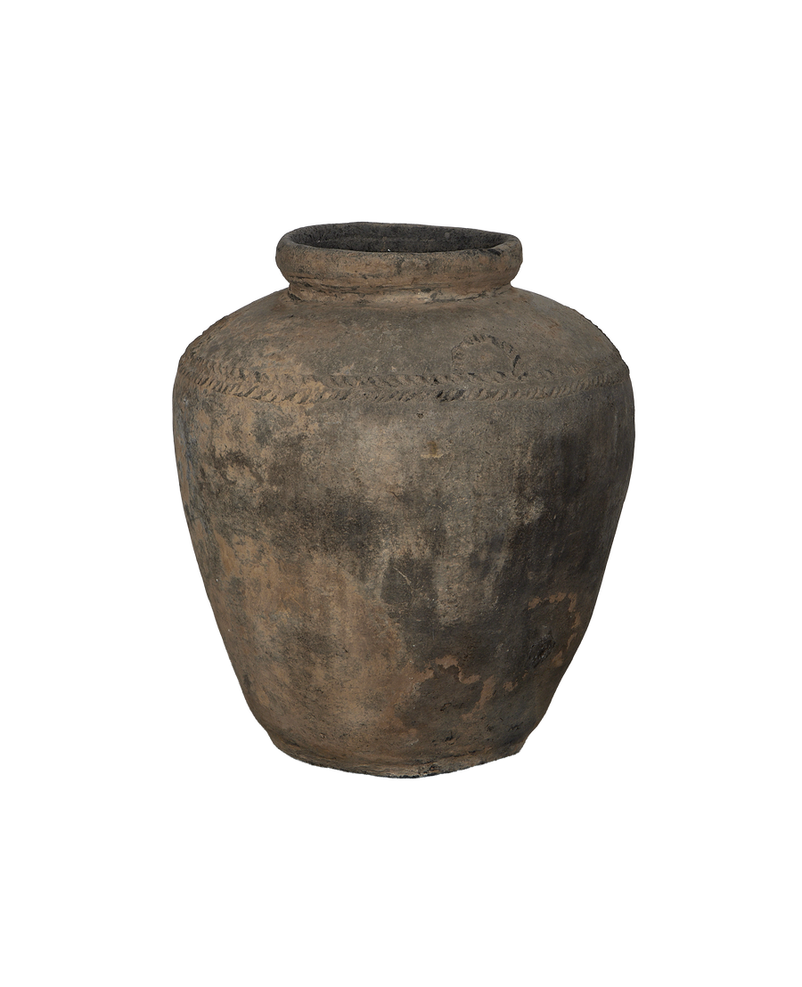 Vintage Indian ceramic grain pot, detailed rope-like pattern