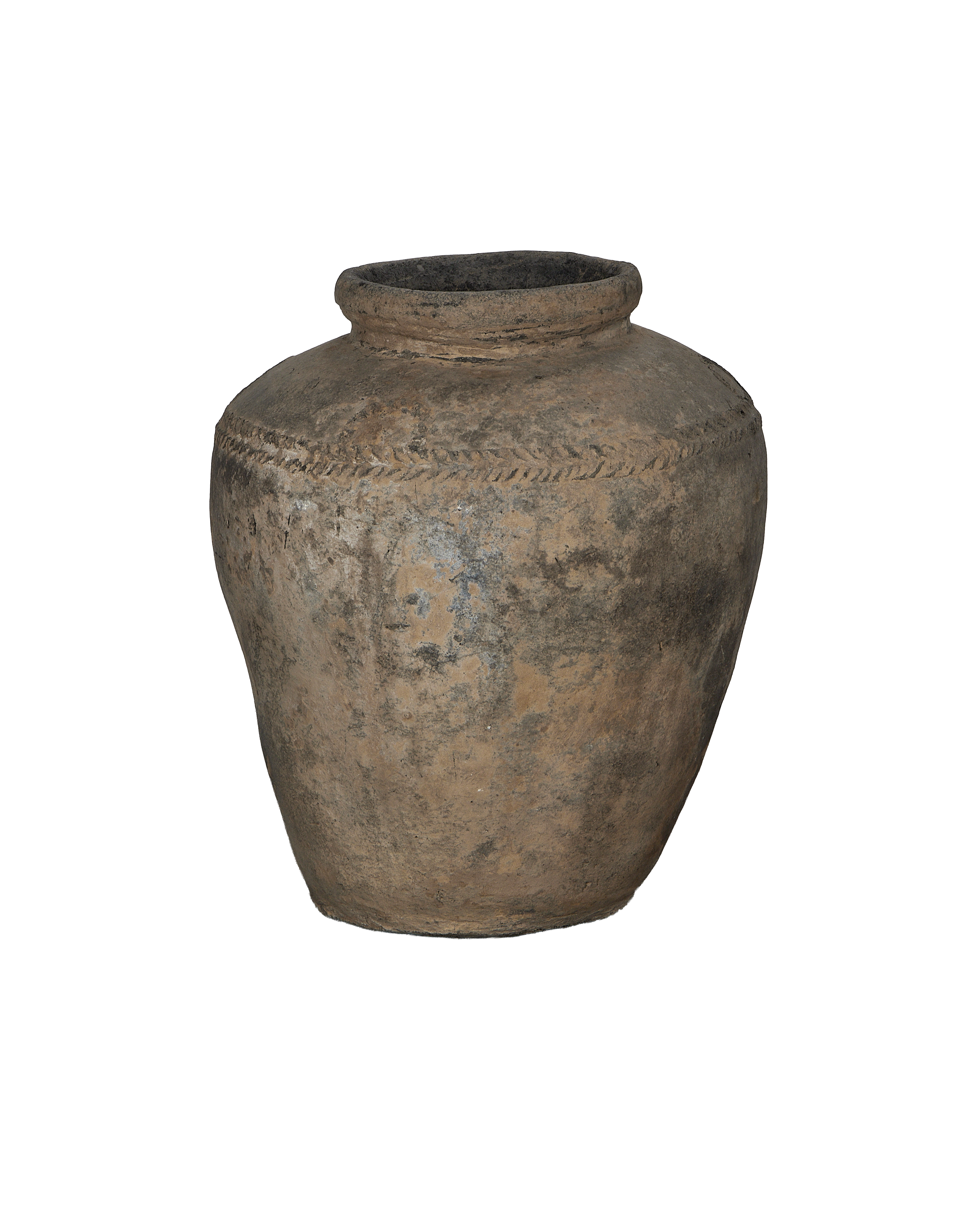 Vintage Indian terracotta grain pot, full view highlighting textured surface