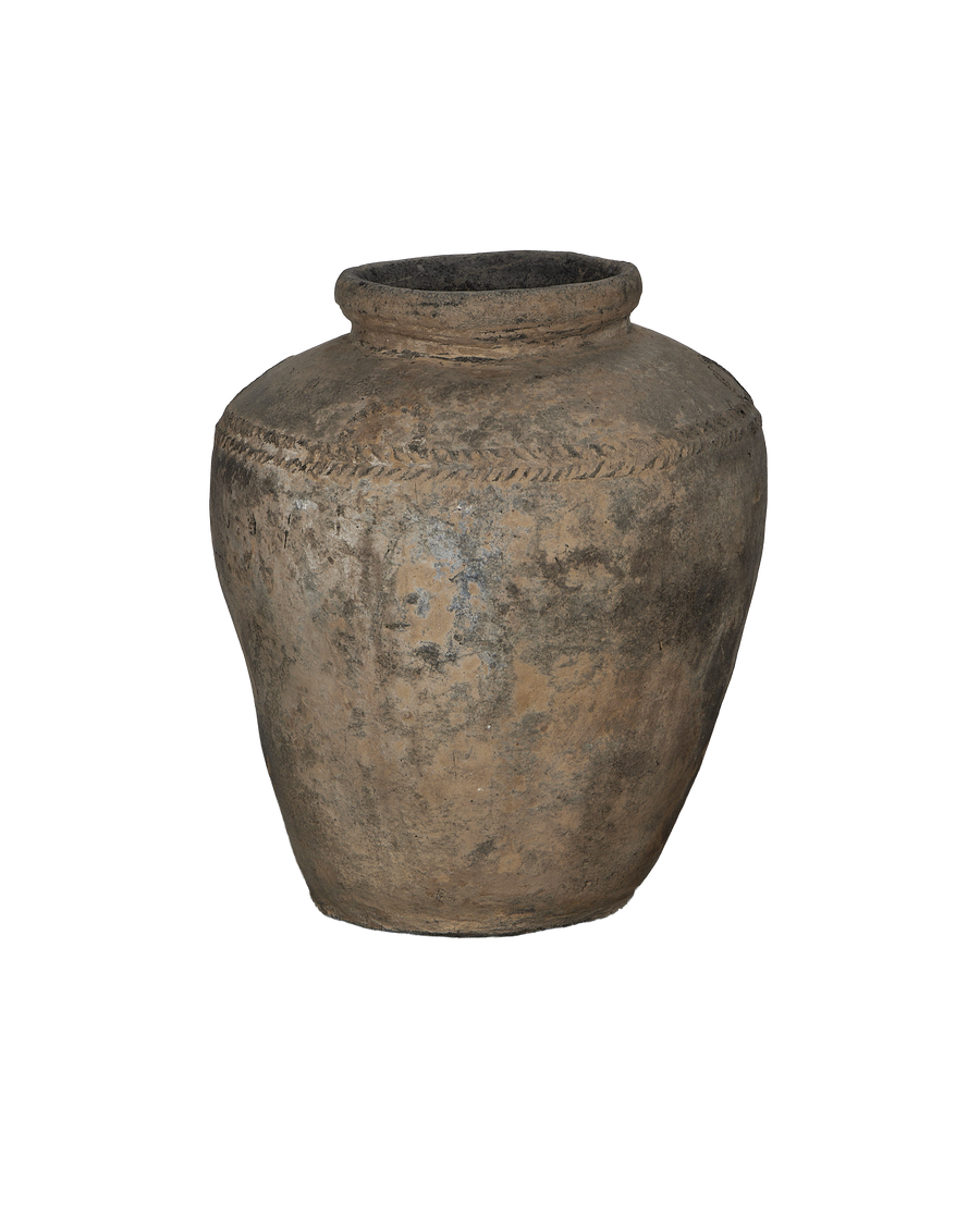 Vintage Indian terracotta grain pot, full view highlighting textured surface