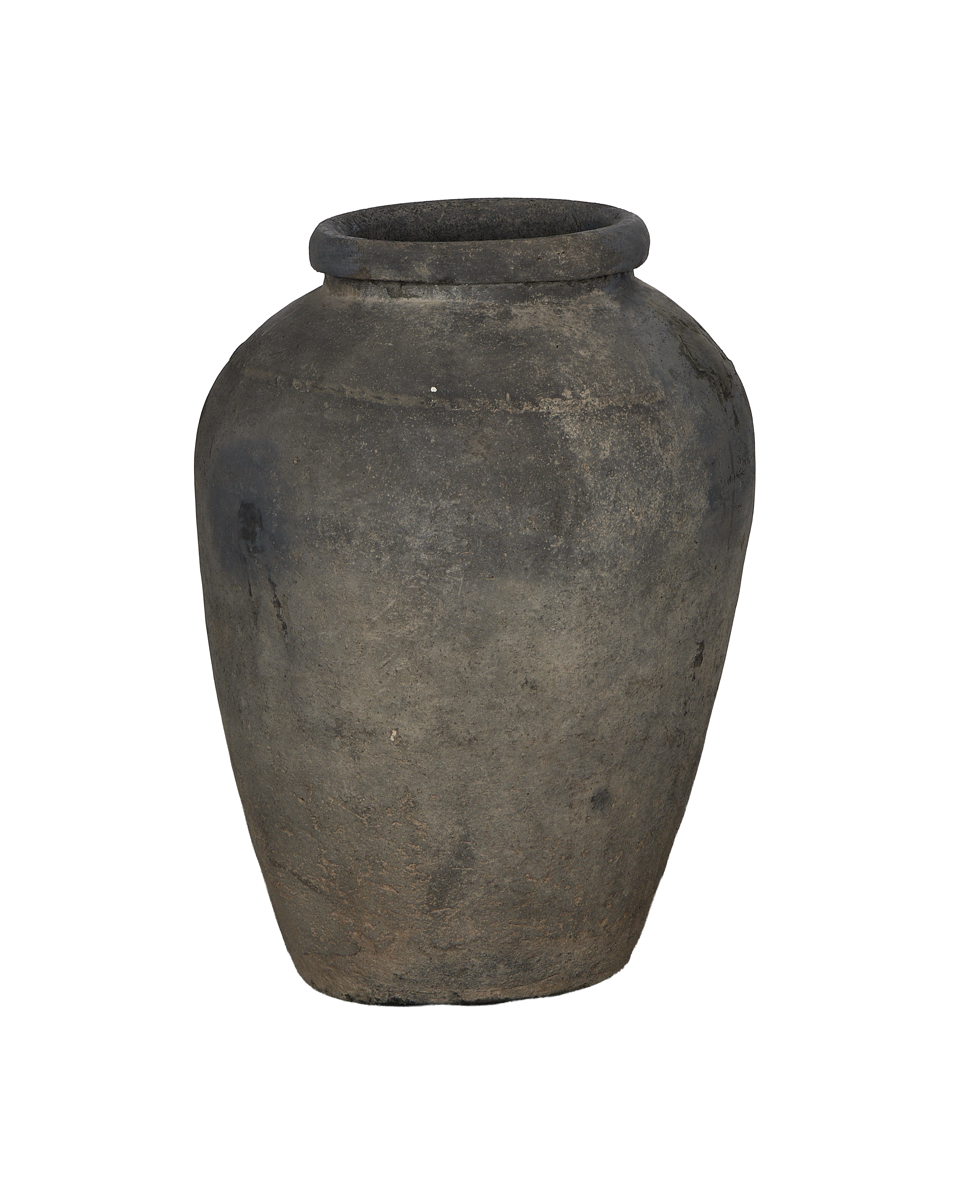 Vintage Indian oak grain pot with aged, textured surface, full view.