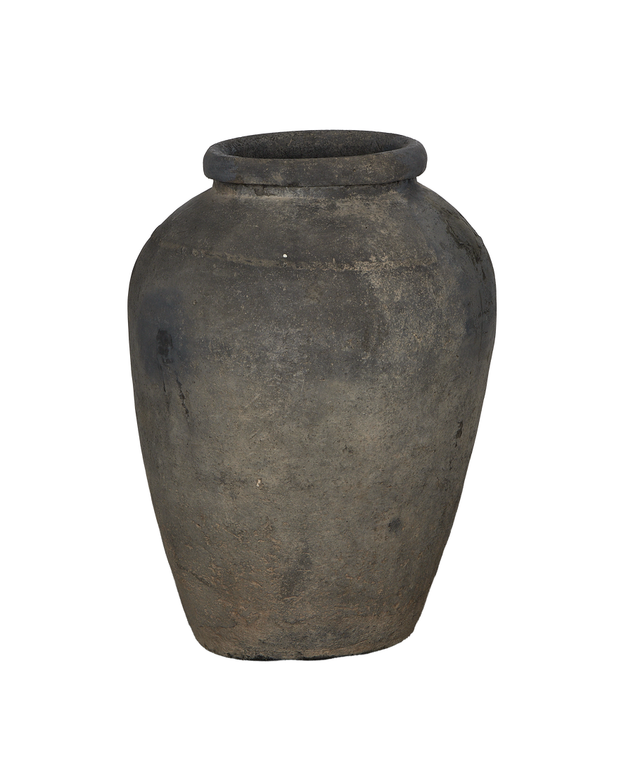 Vintage Indian oak grain pot with aged, textured surface, full view.