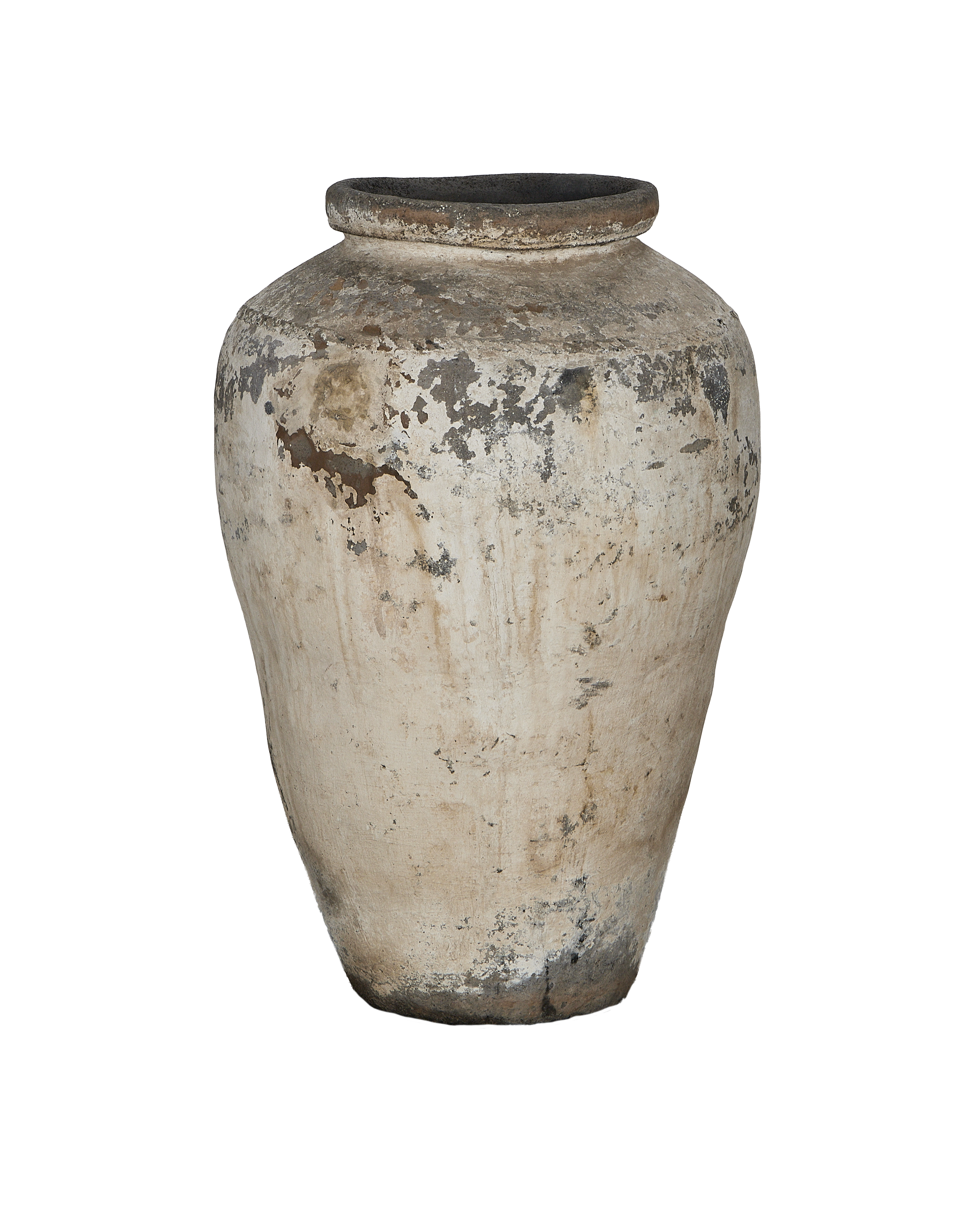 Vintage Indian OAK grain pot, weathered white finish, rough texture, full view.
