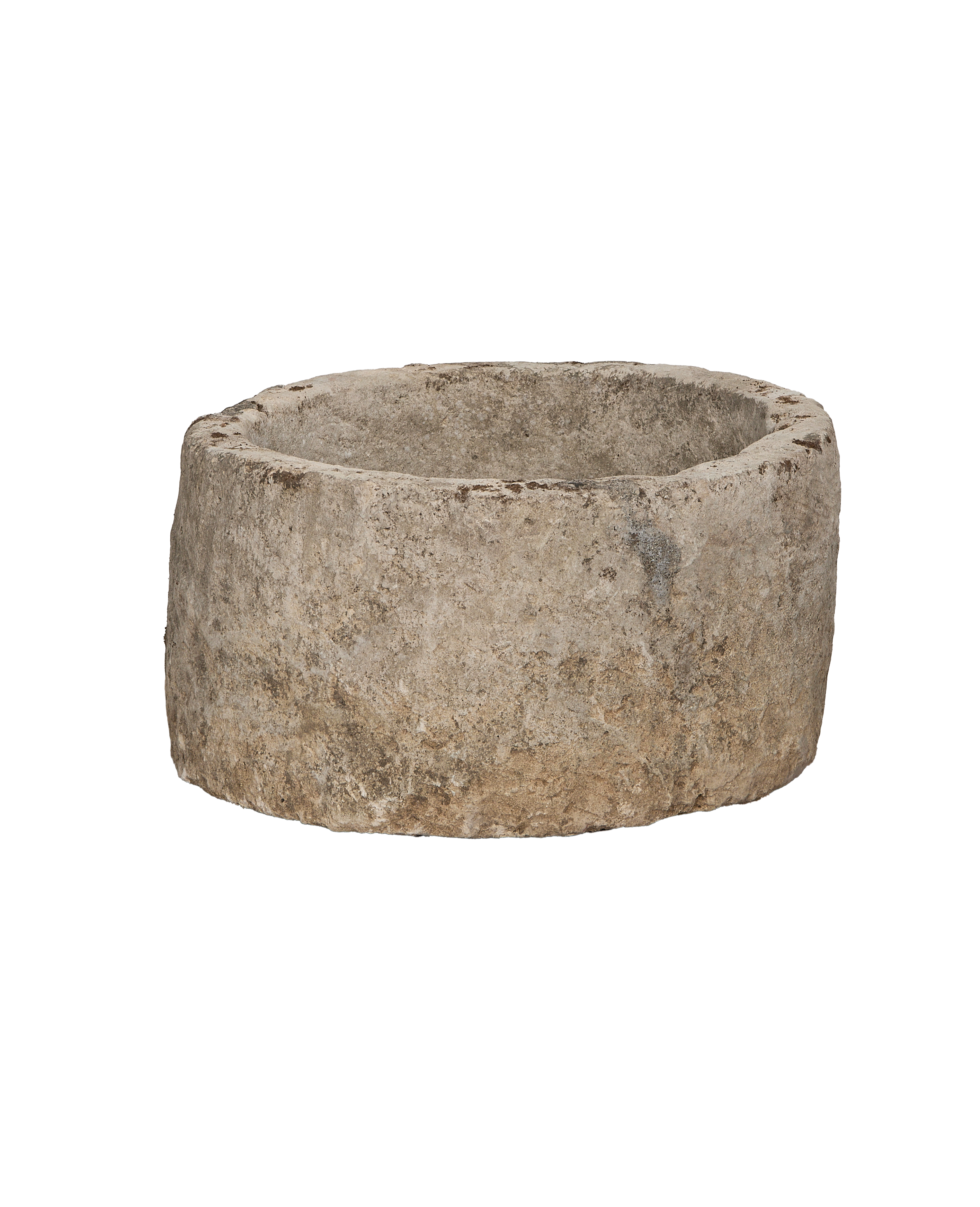 Vintage round limestone trough, showing weathered texture and aged patina from Indonesia
