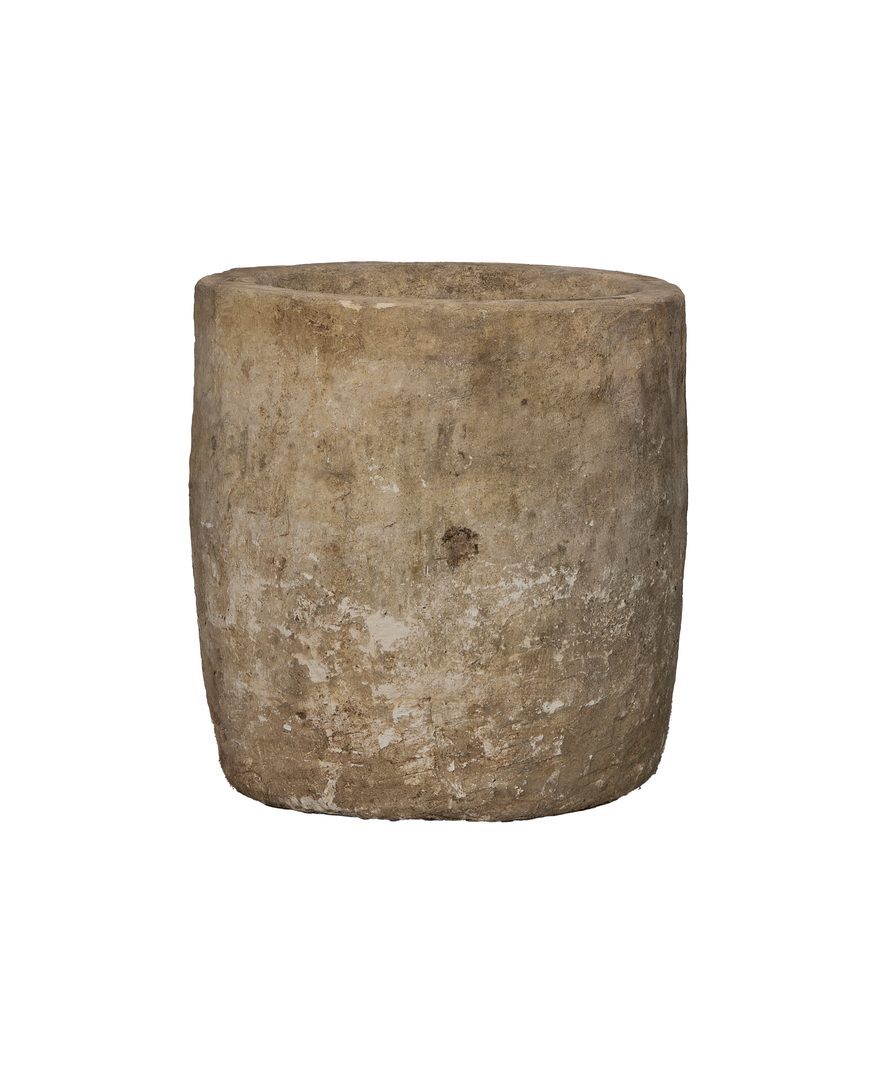 Vintage round limestone trough from Indonesia, weathered with natural imperfections, presented front-on.