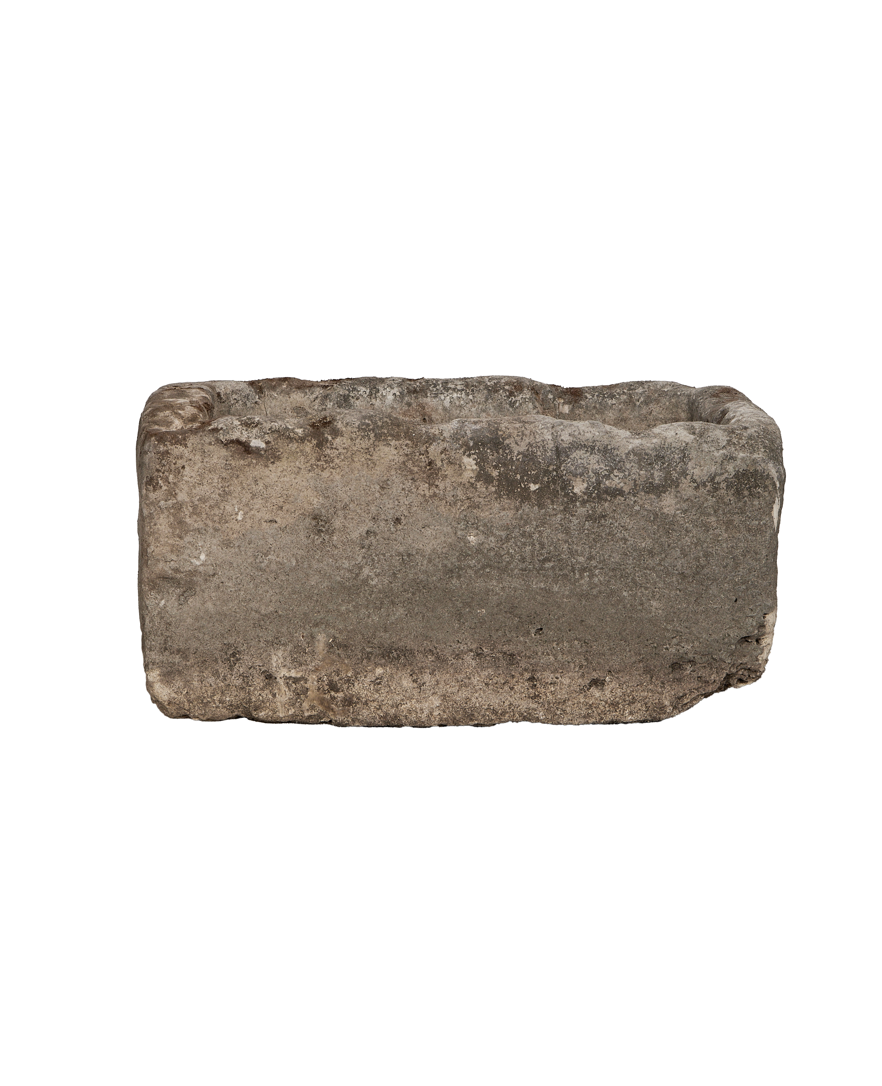 Vintage rectangular limestone trough, weathered gray texture, rustic