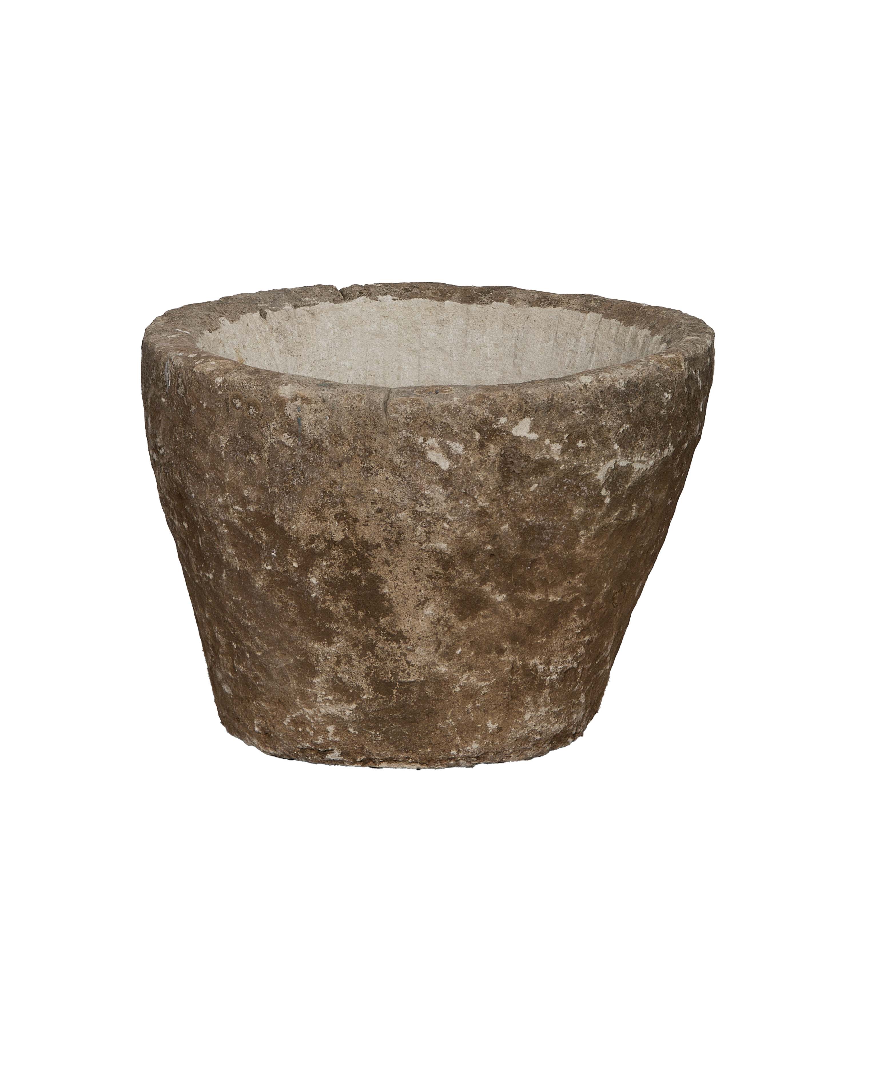 Vintage Indonesian round limestone trough, showing weathered exterior texture and
