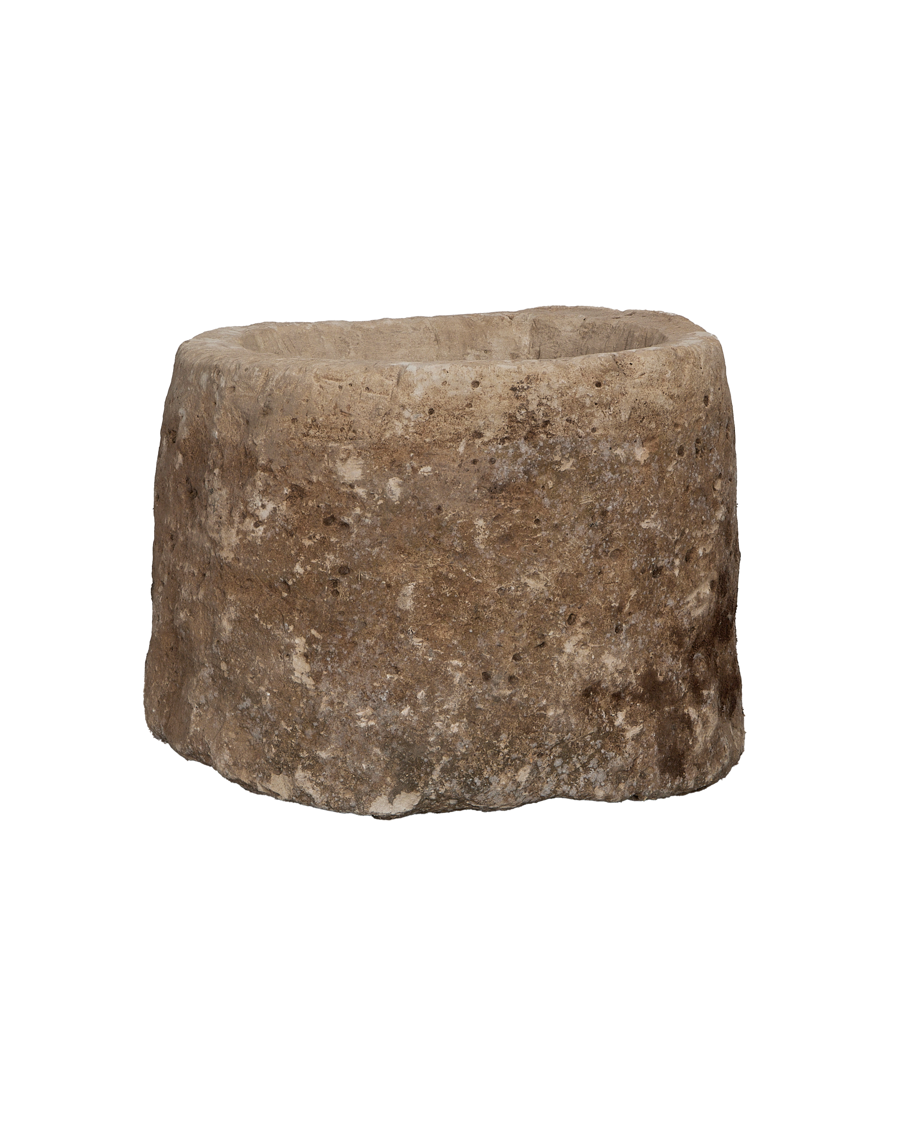 Vintage round Indonesian limestone trough, close-up texture detail showing