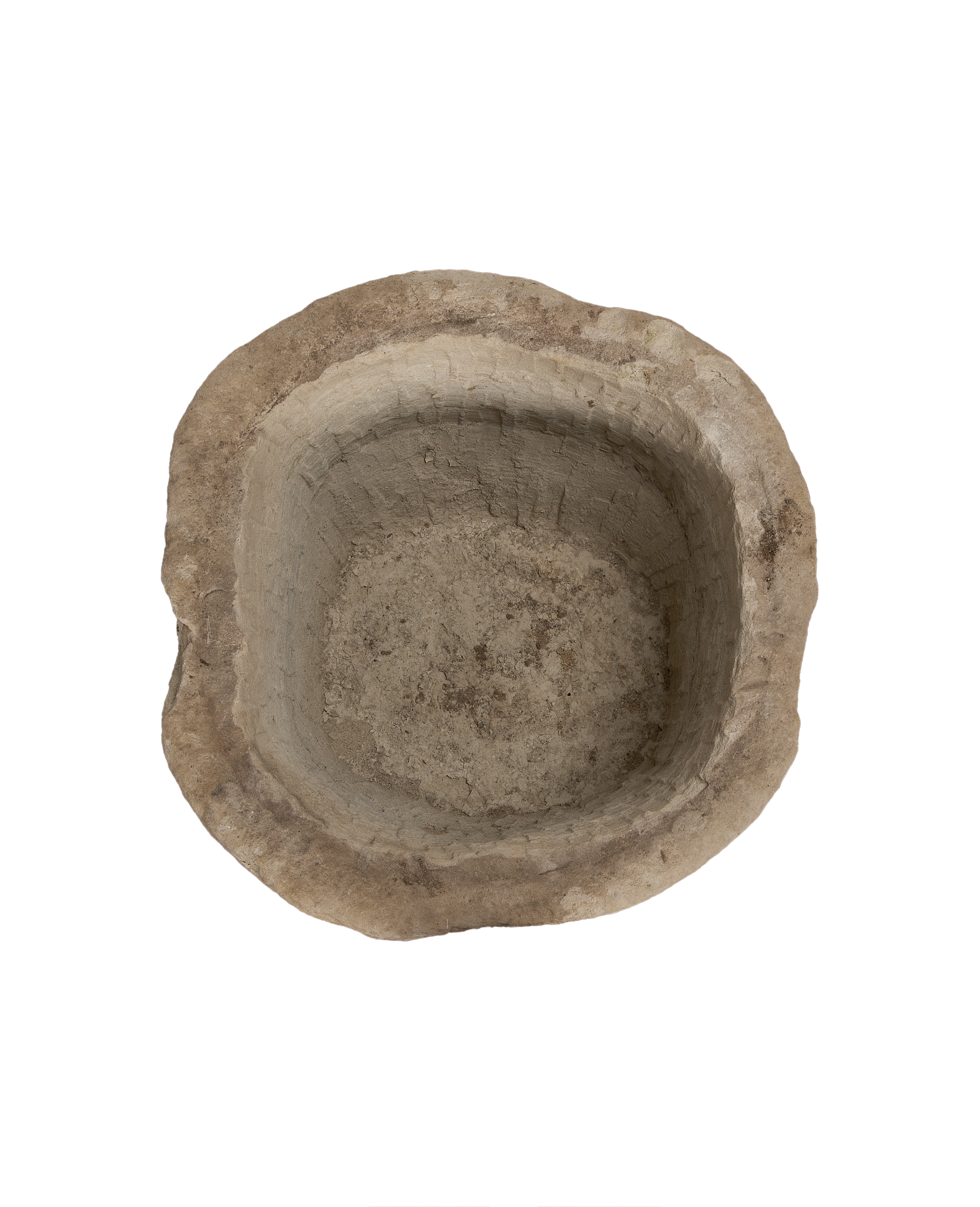 Vintage Indonesian oblong limestone trough, detailed overhead view showing weathered interior and