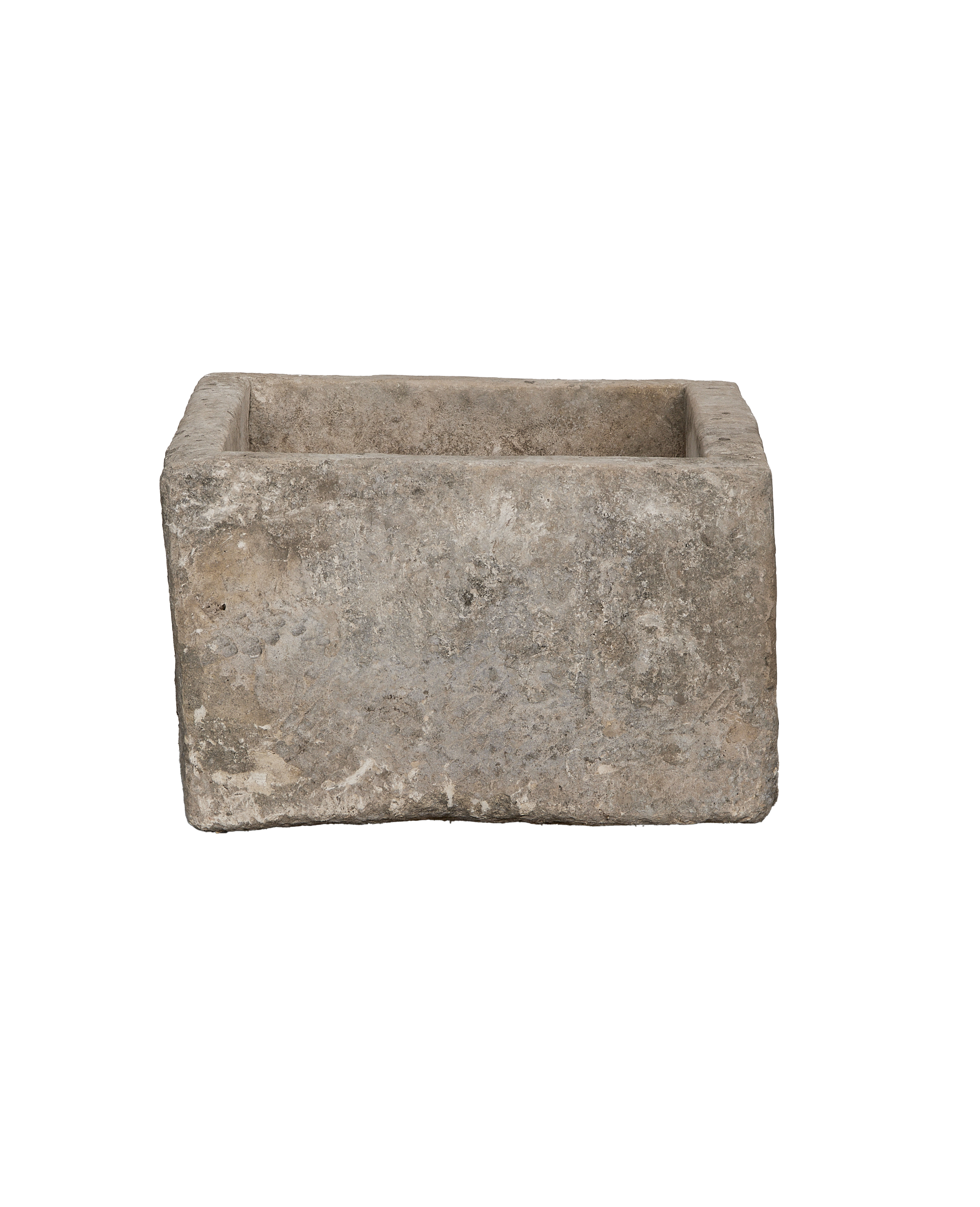 Vintage rectangular Indonesian limestone trough with rustic weathered texture, displayed against a