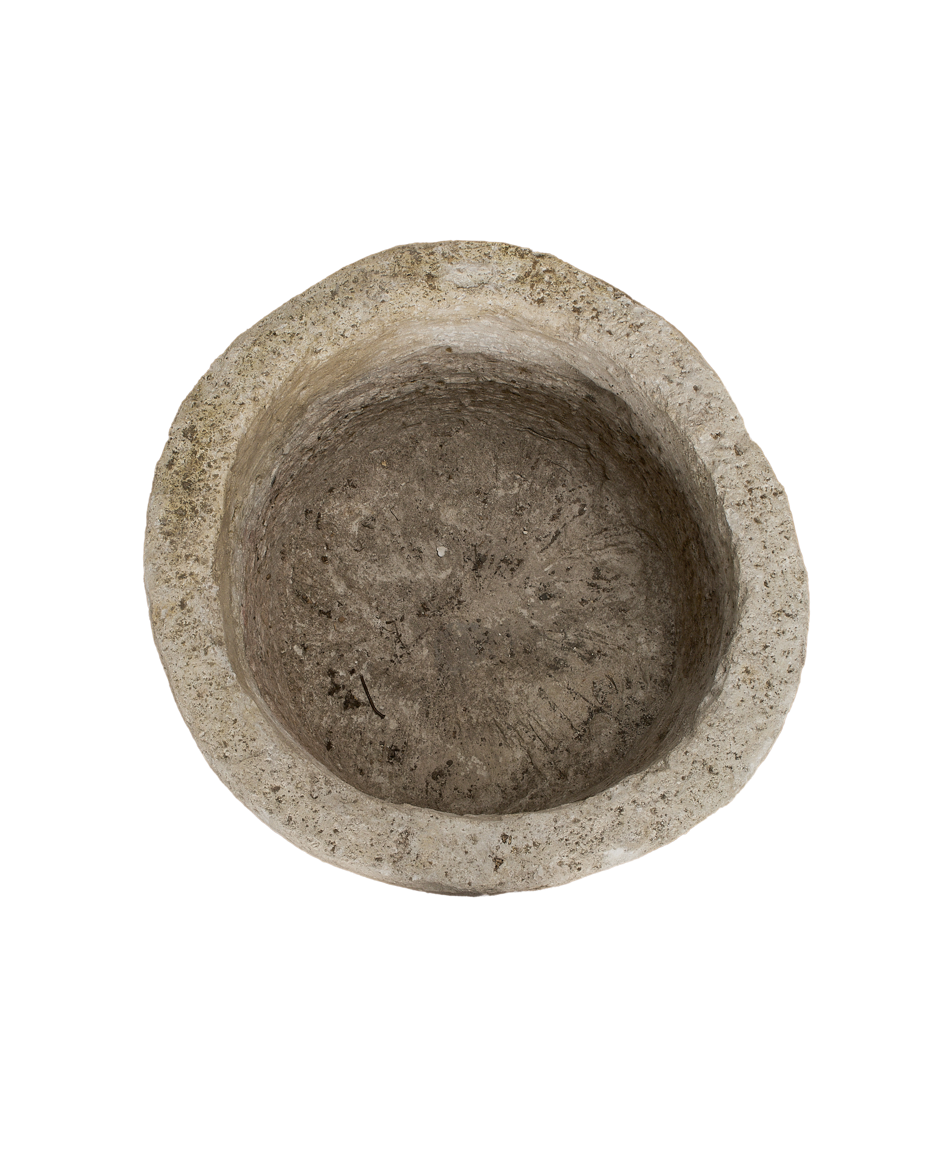 Vintage Indonesian limestone trough, top view showing rough interior texture and worn surface.