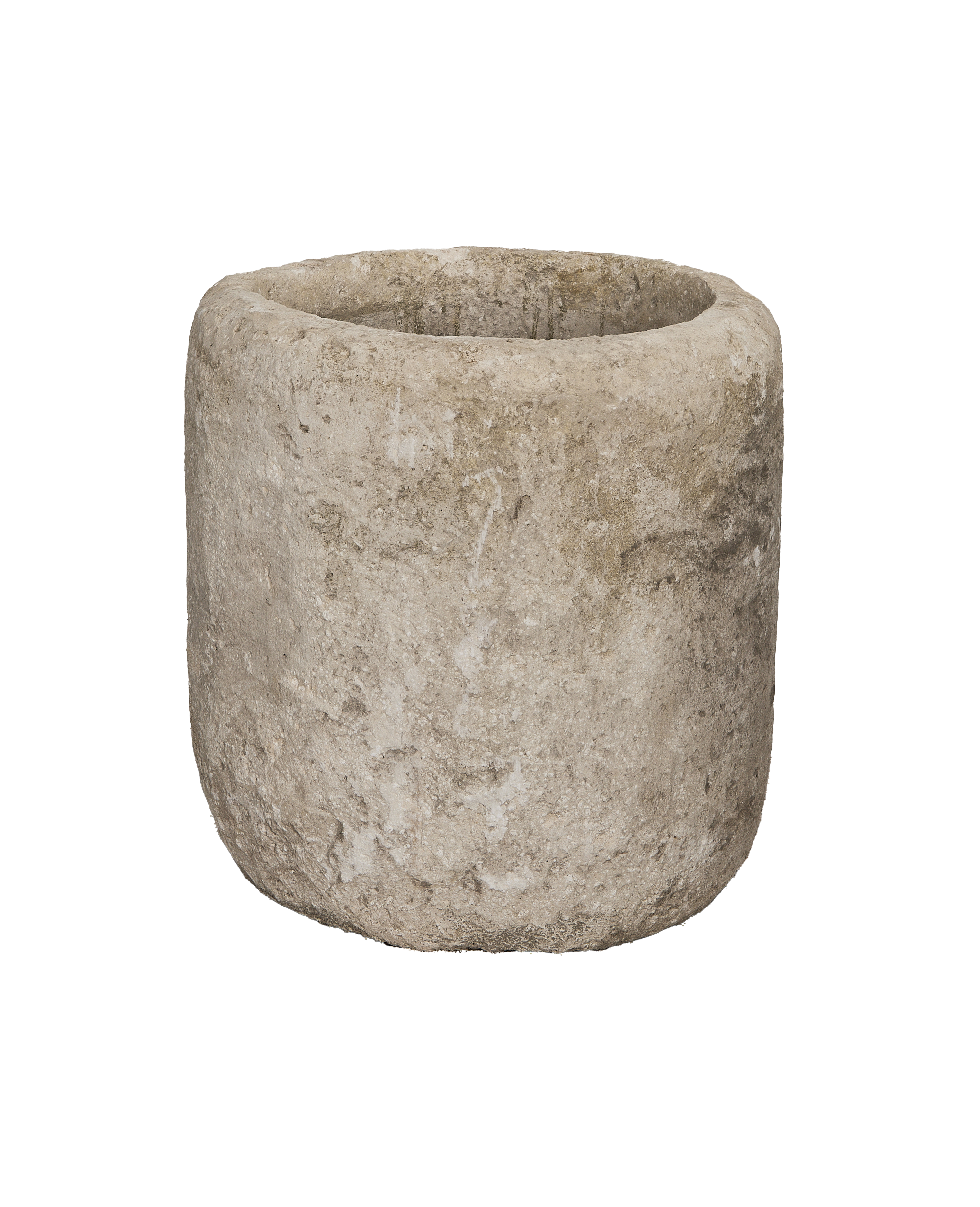 Vintage Indonesian round limestone trough, showing distressed, weathered surface texture and patina.