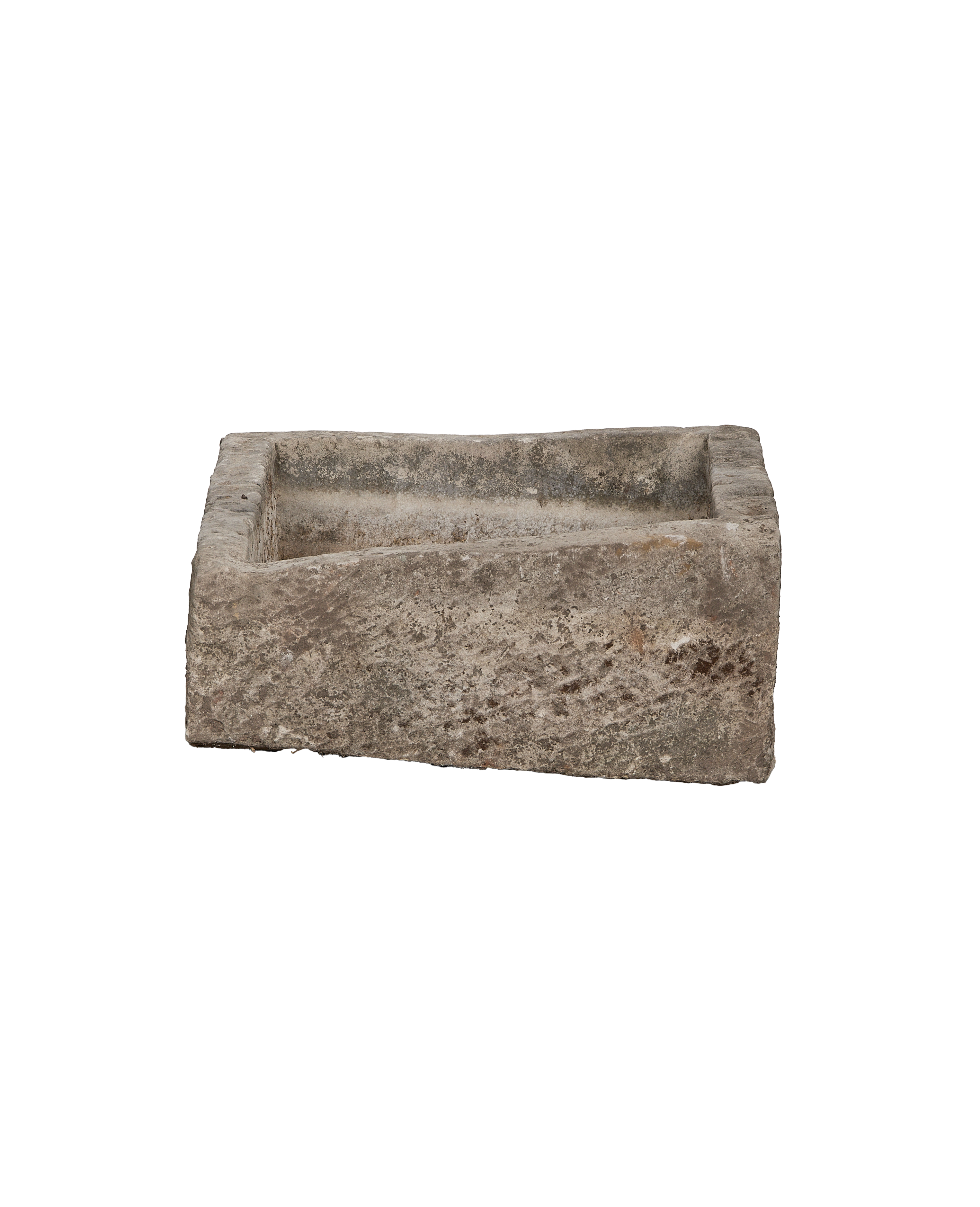 Vintage rectangular limestone trough, weathered finish, showcasing the rustic texture and aged condition.