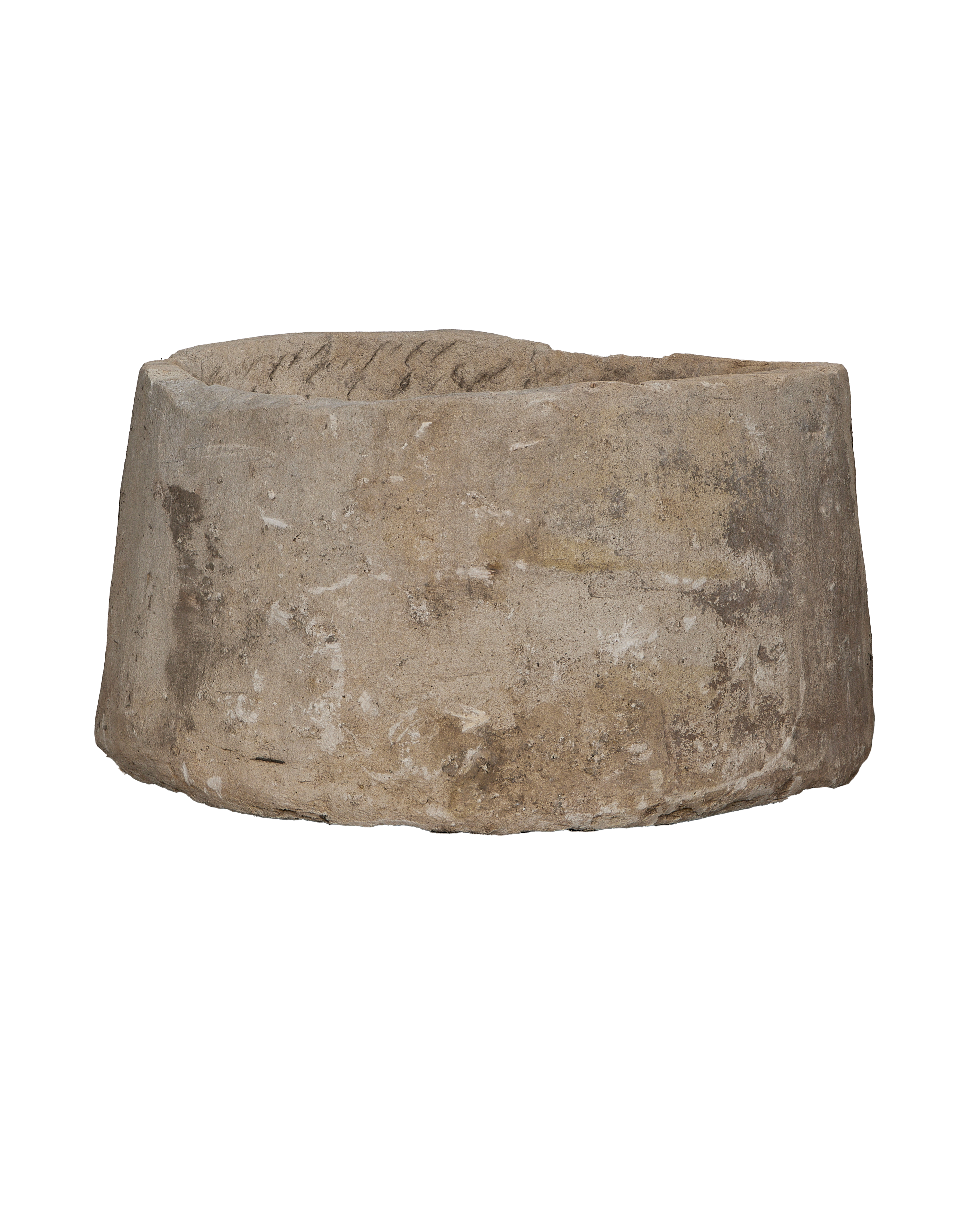 Vintage round limestone trough from Indonesia with distressed texture. Antique