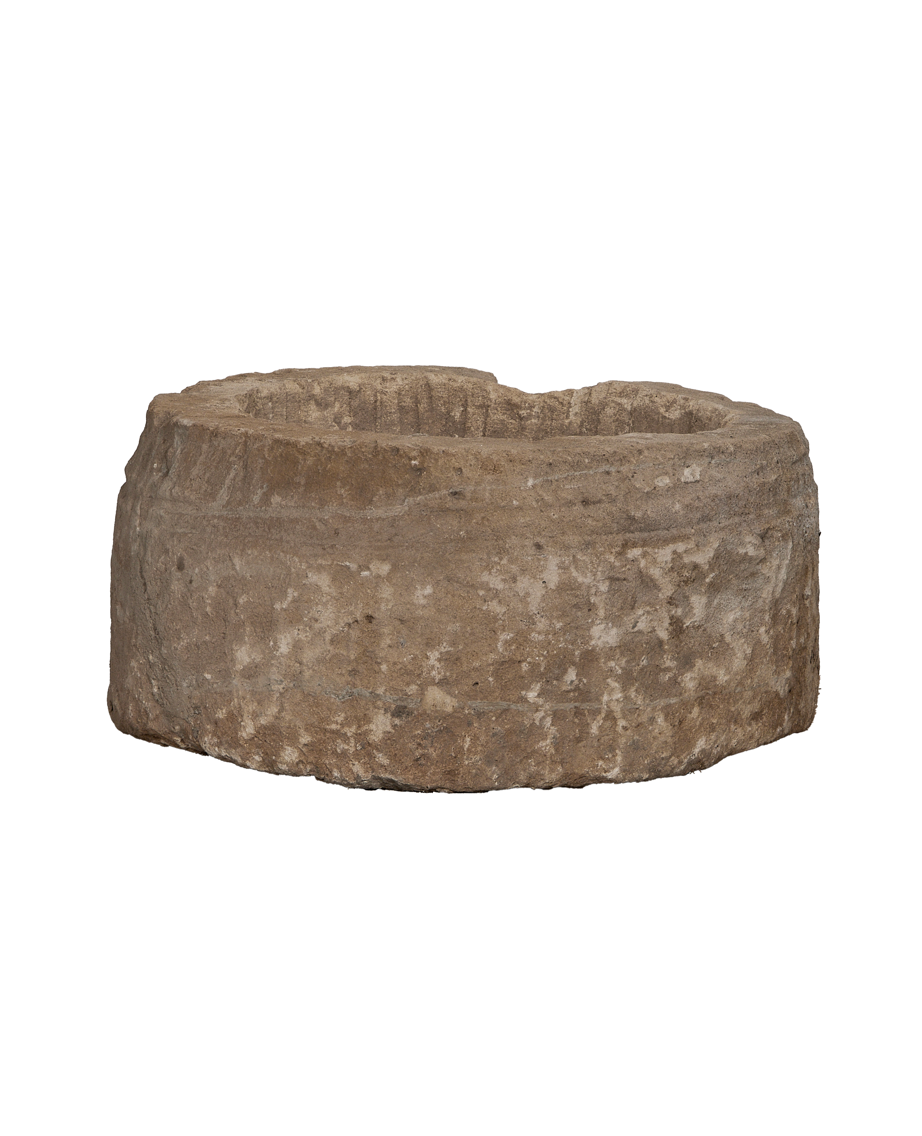 Vintage round limestone trough from Indonesia with distressed, weathered texture; side view.