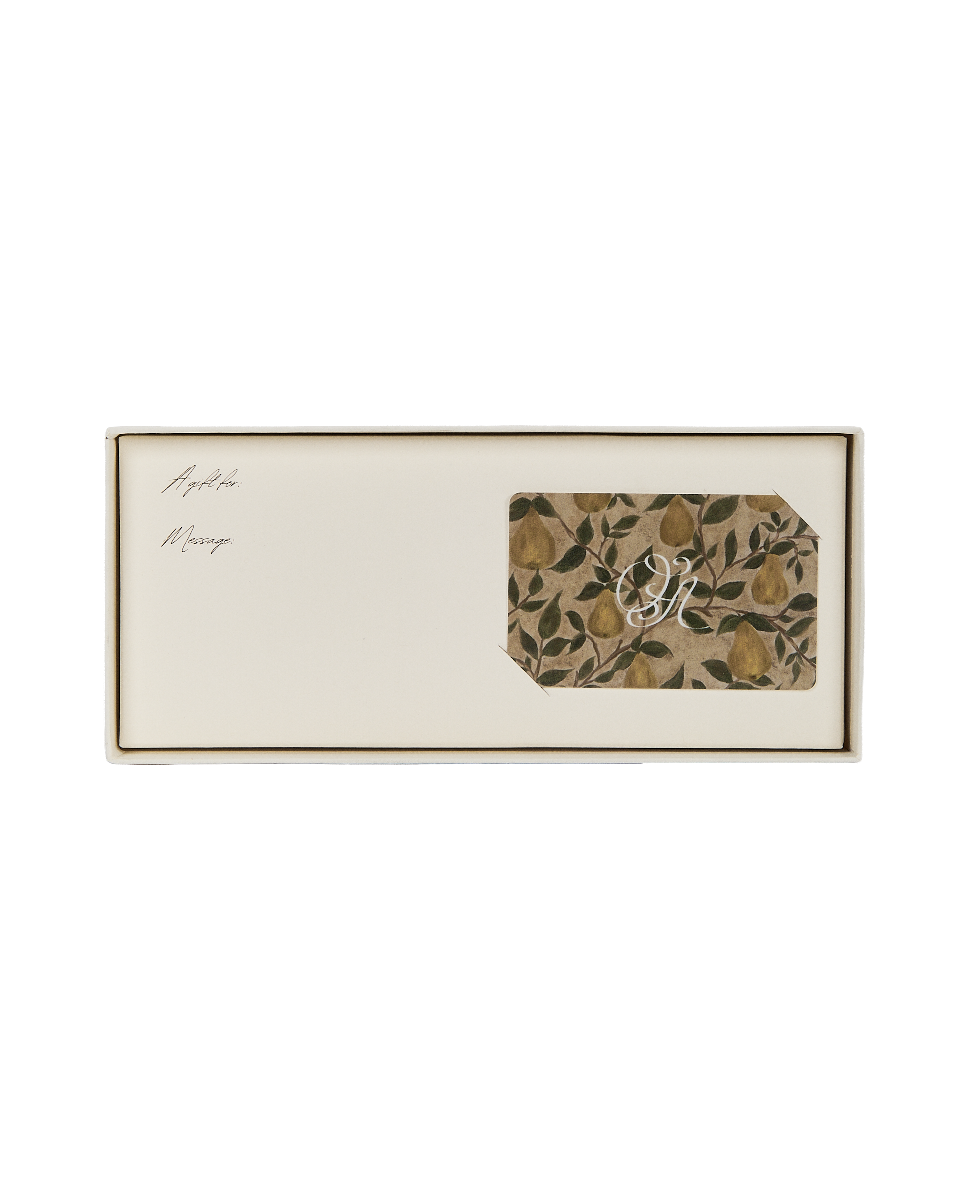 Bosc Pear gift card in its fitted holder, keepsake box open